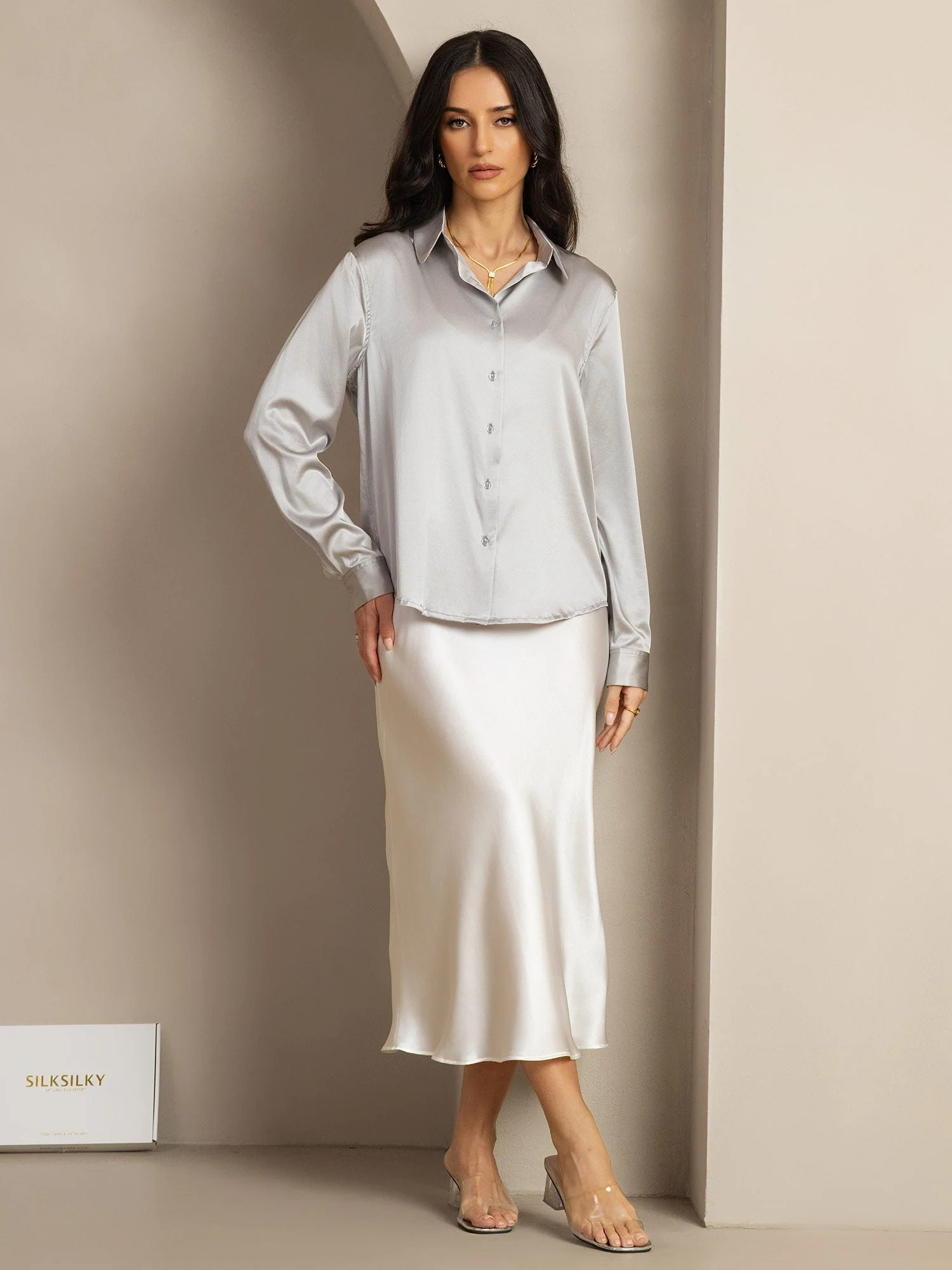 19Momme Silk Long Sleeve Lapel Collar Women's Shirt with Button Up Design - Image 125