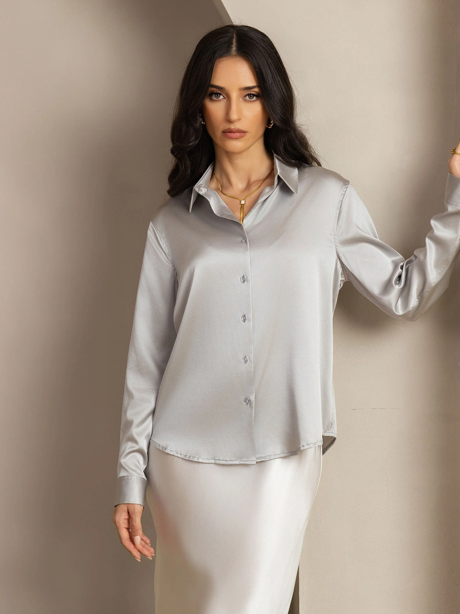 19Momme Silk Long Sleeve Lapel Collar Women's Shirt with Button Up Design - Image 128