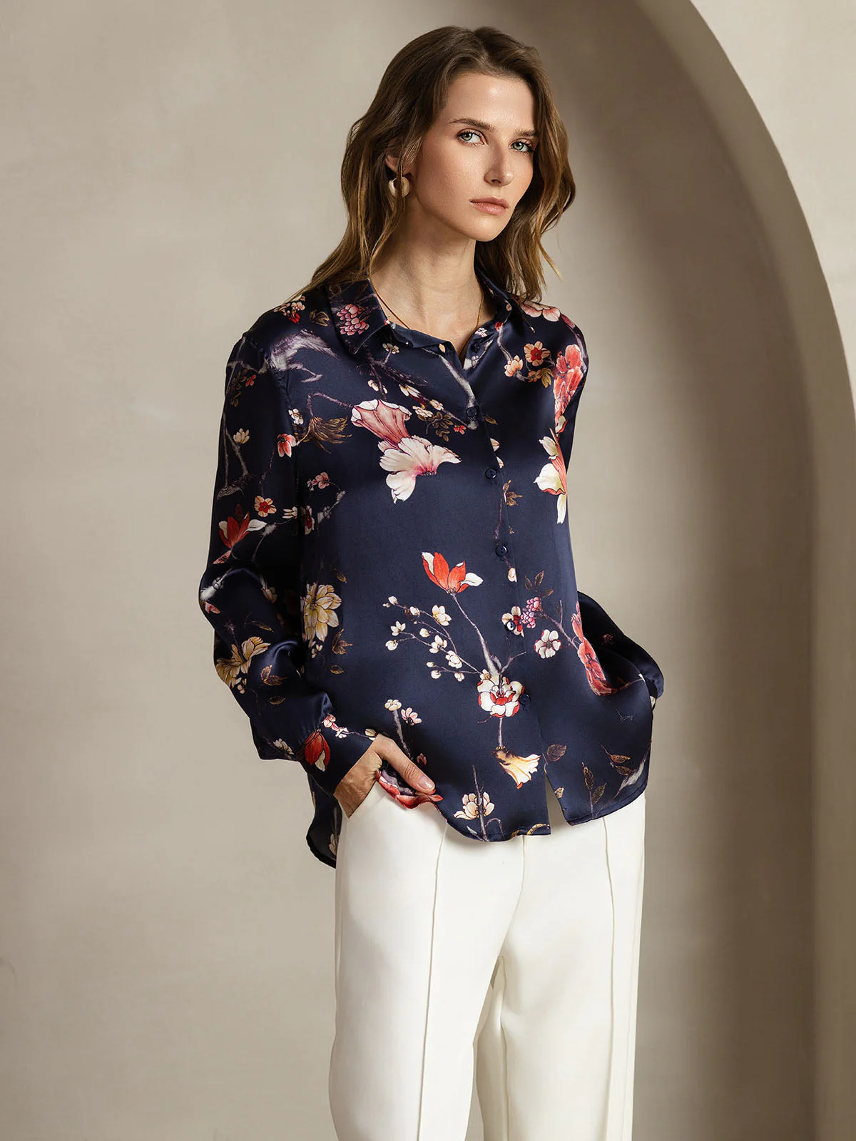19Momme Silk Long Sleeve Lapel Collar Women's Shirt with Button Up Design - Image 129