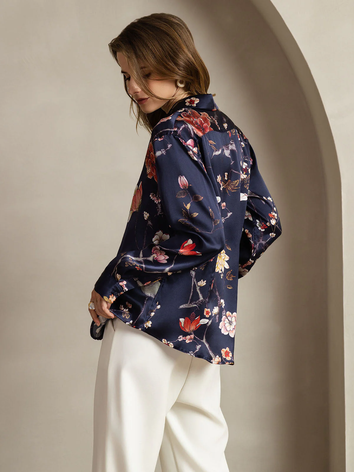 19Momme Silk Long Sleeve Lapel Collar Women's Shirt with Button Up Design - Image 130