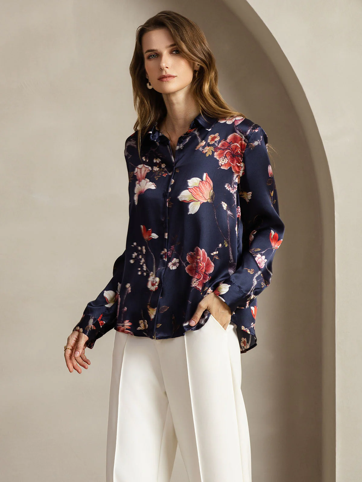 19Momme Silk Long Sleeve Lapel Collar Women's Shirt with Button Up Design - Image 131