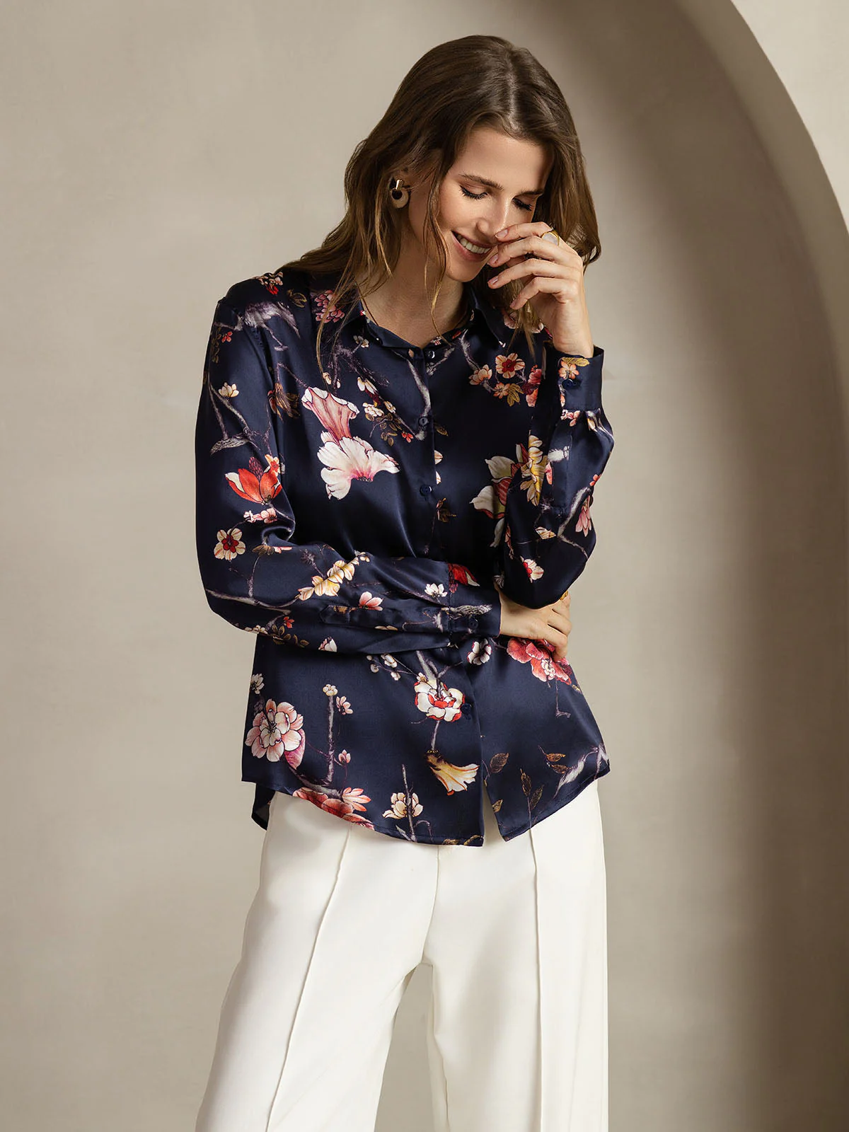19Momme Silk Long Sleeve Lapel Collar Women's Shirt with Button Up Design - Image 133