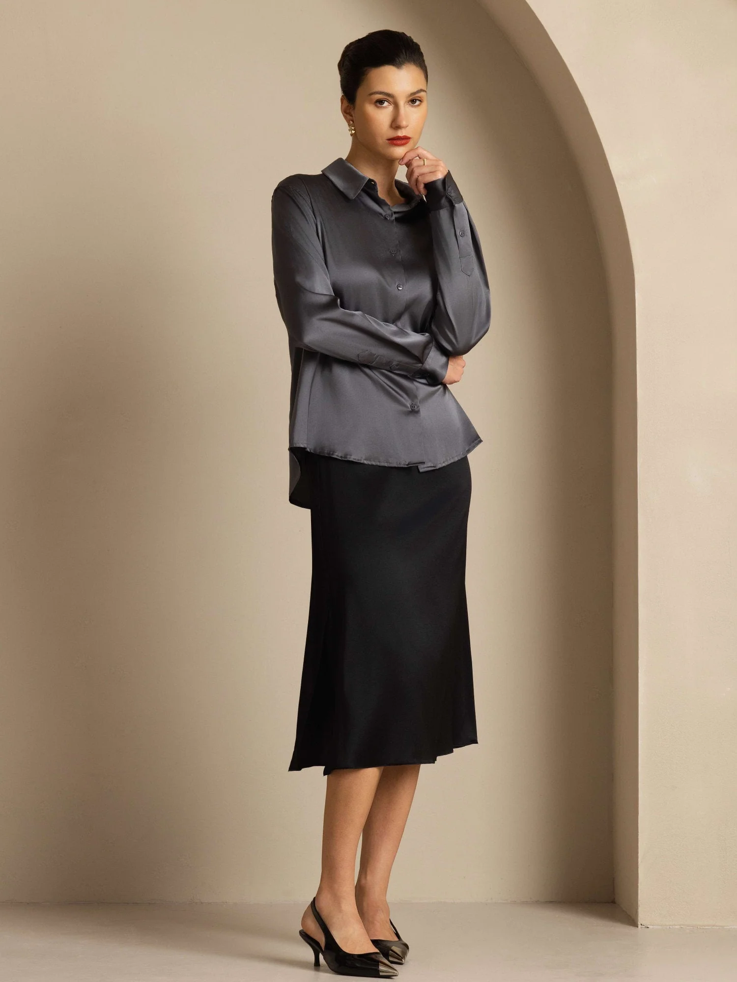 19Momme Silk Long Sleeve Lapel Collar Women's Shirt with Button Up Design - Image 135