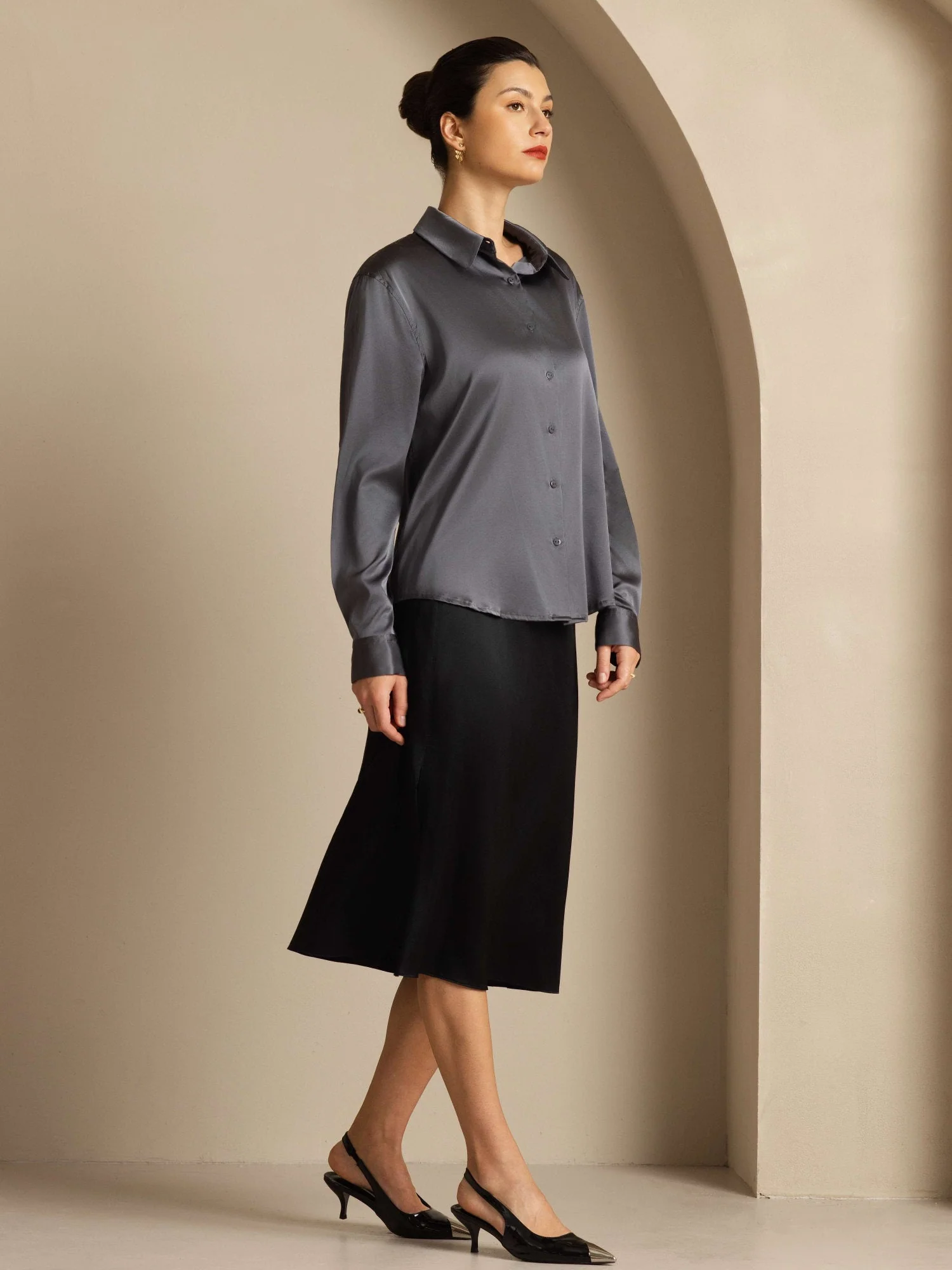 19Momme Silk Long Sleeve Lapel Collar Women's Shirt with Button Up Design - Image 138