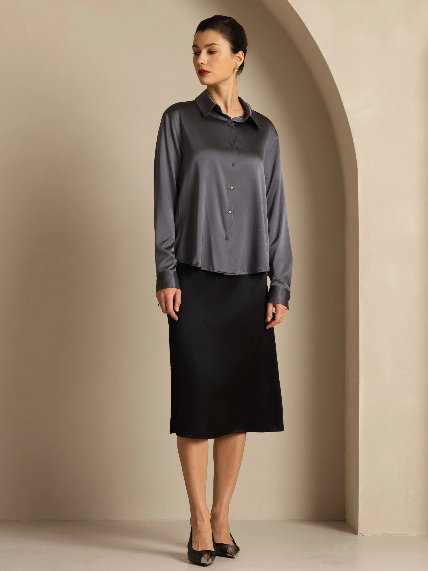 19Momme Silk Long Sleeve Lapel Collar Women's Shirt with Button Up Design - Image 142