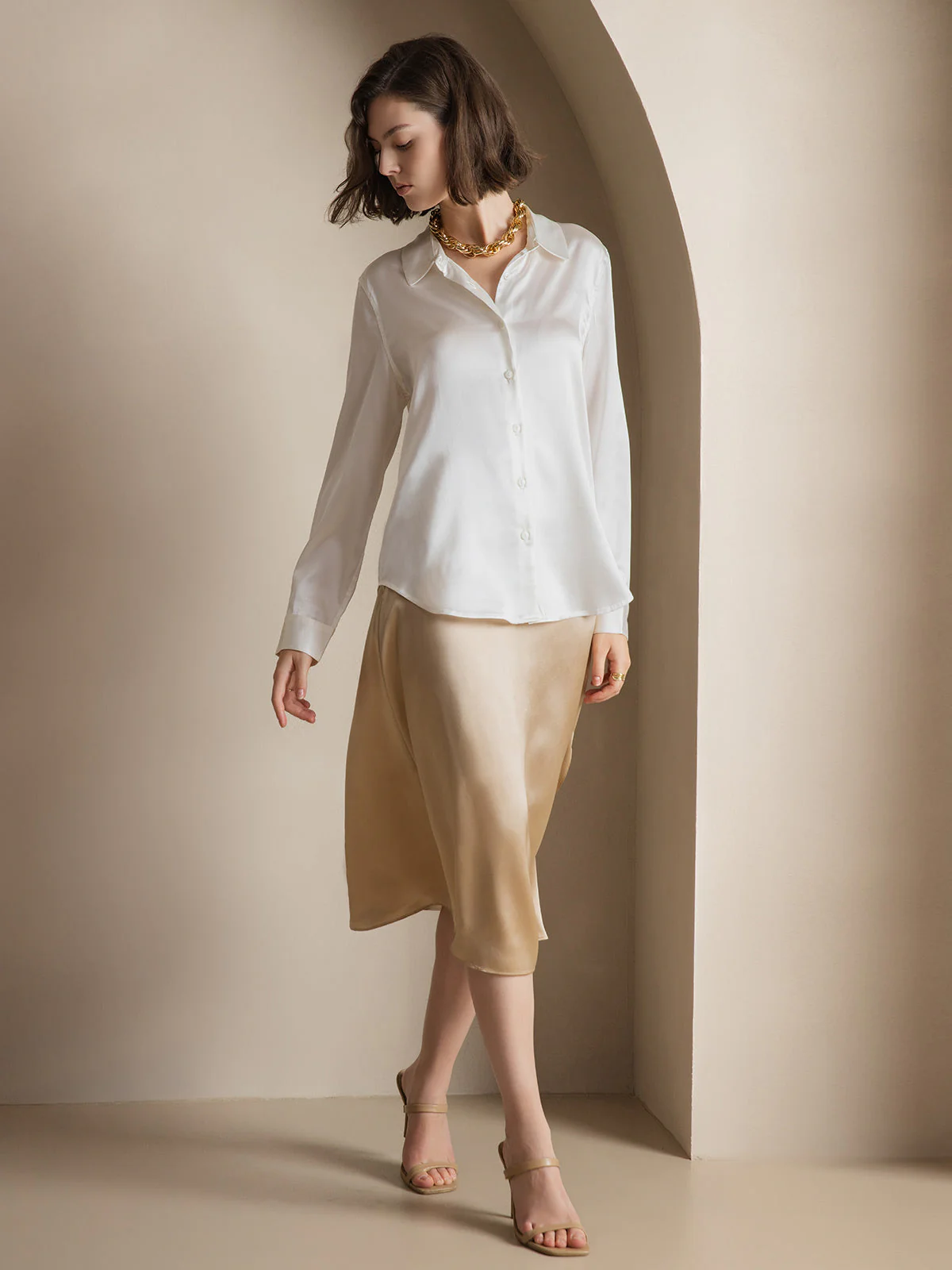19Momme Silk Long Sleeve Lapel Collar Women's Shirt with Button Up Design - Image 18