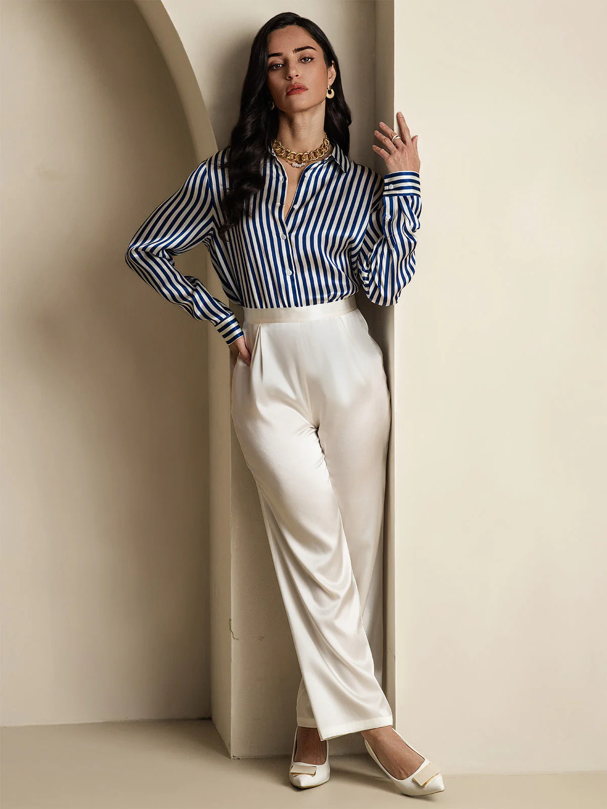 19Momme Silk Long Sleeve Lapel Collar Women's Shirt with Button Up Design - Image 27
