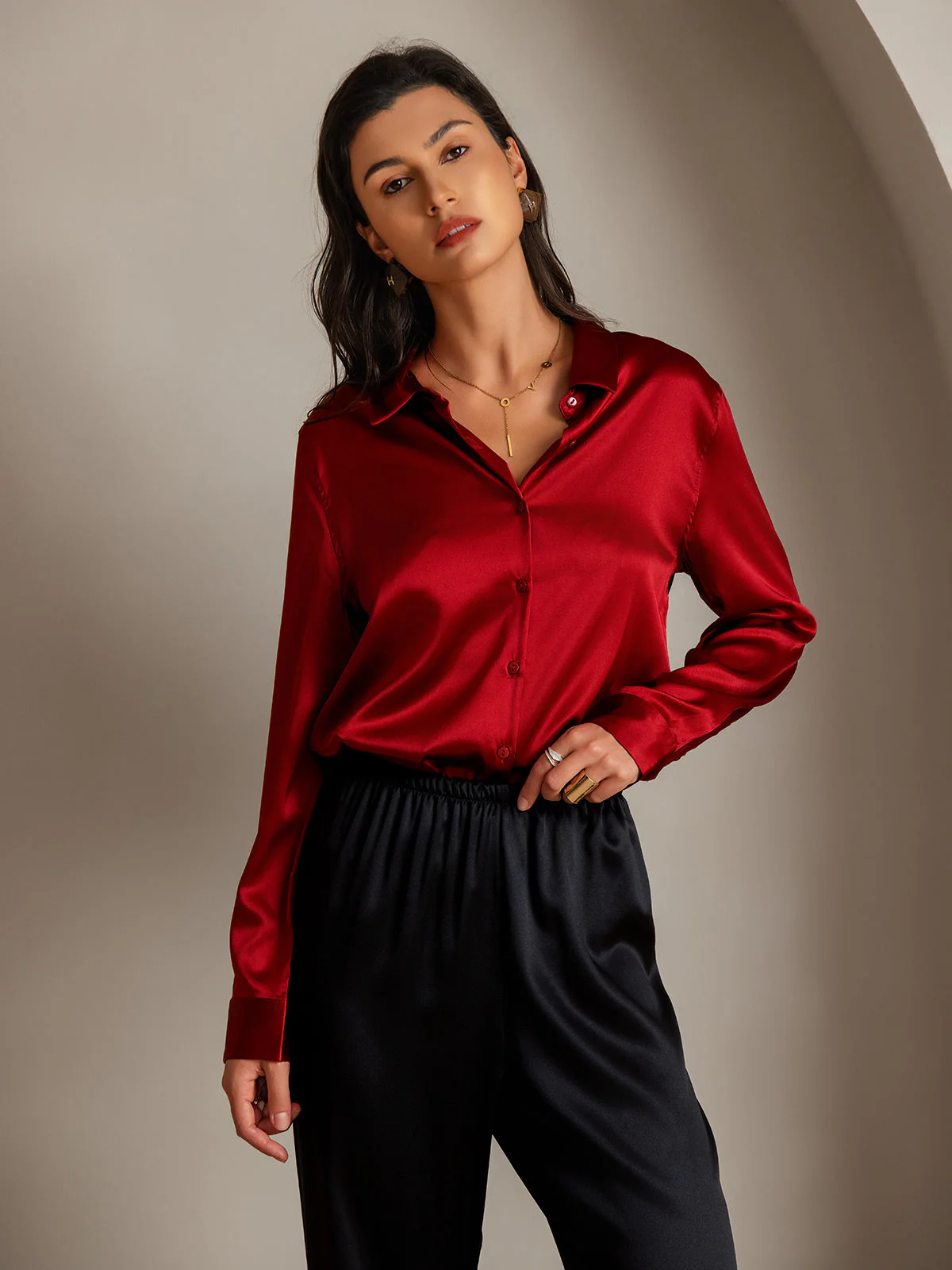 19Momme Silk Long Sleeve Lapel Collar Women's Shirt with Button Up Design - Image 3
