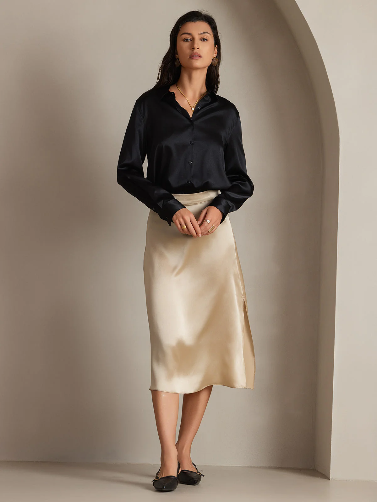 19Momme Silk Long Sleeve Lapel Collar Women's Shirt with Button Up Design - Image 31