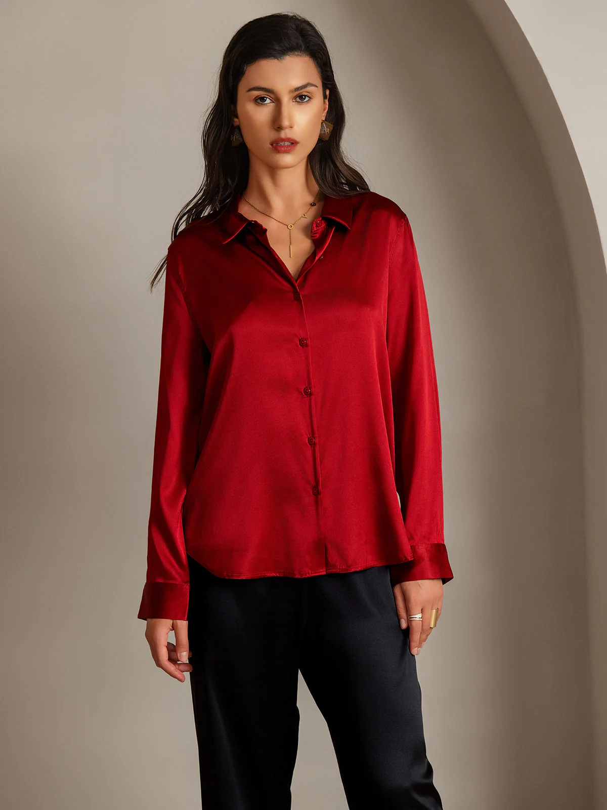 19Momme Silk Long Sleeve Lapel Collar Women's Shirt with Button Up Design - Image 4