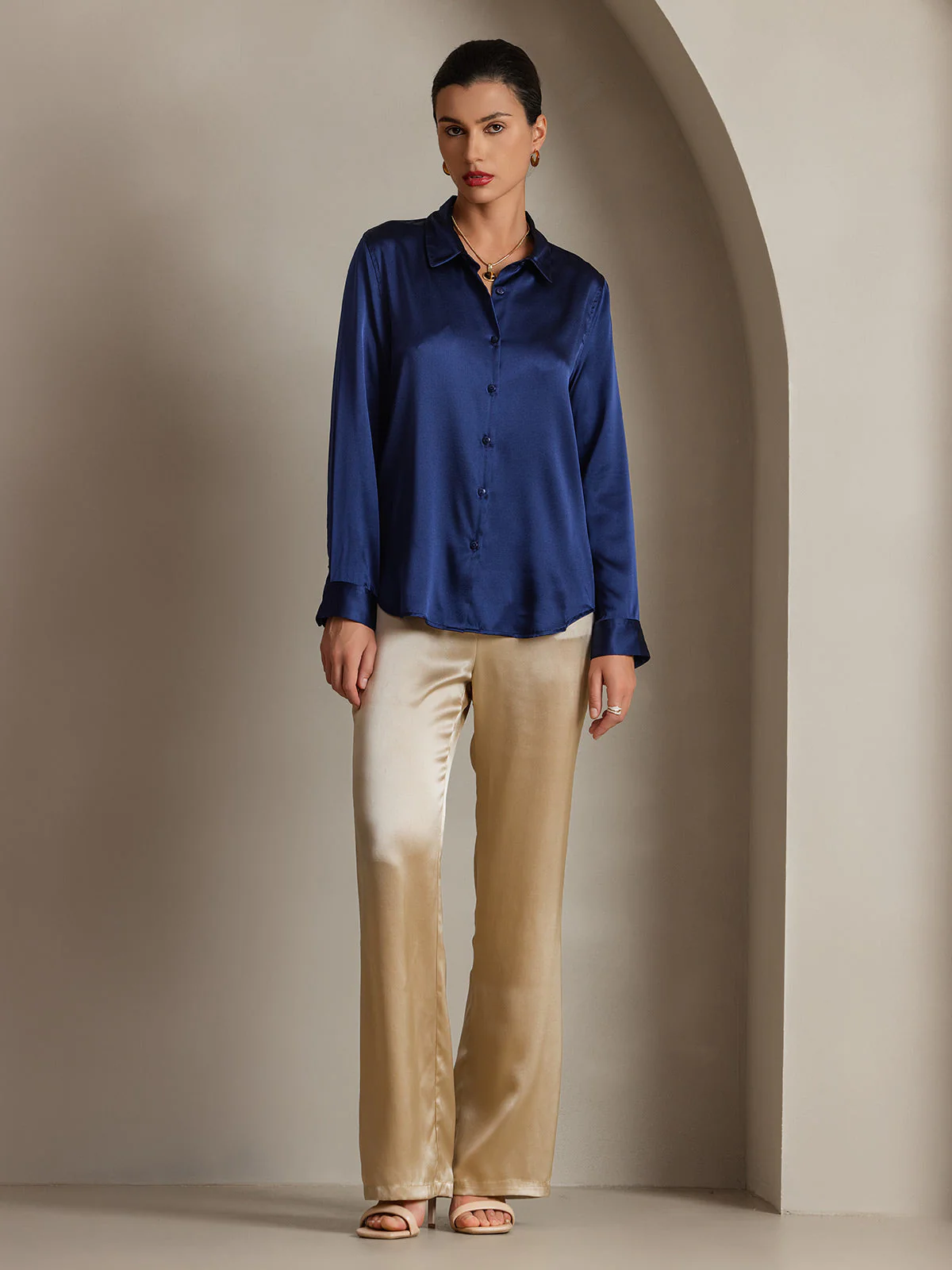 19Momme Silk Long Sleeve Lapel Collar Women's Shirt with Button Up Design - Image 45