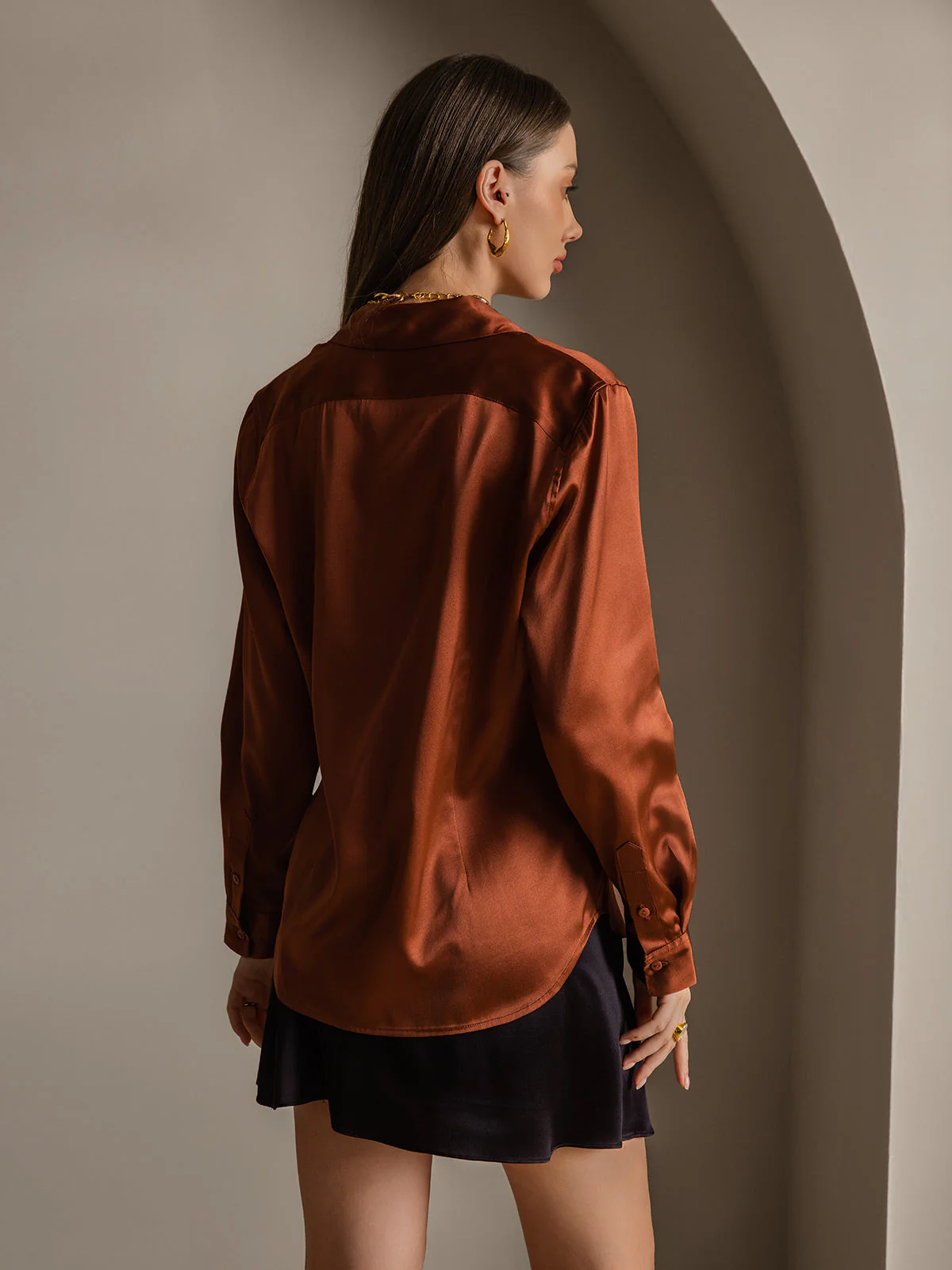 19Momme Silk Long Sleeve Lapel Collar Women's Shirt with Button Up Design - Image 58