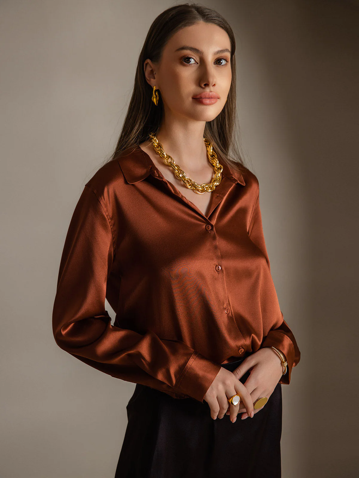 19Momme Silk Long Sleeve Lapel Collar Women's Shirt with Button Up Design - Image 60