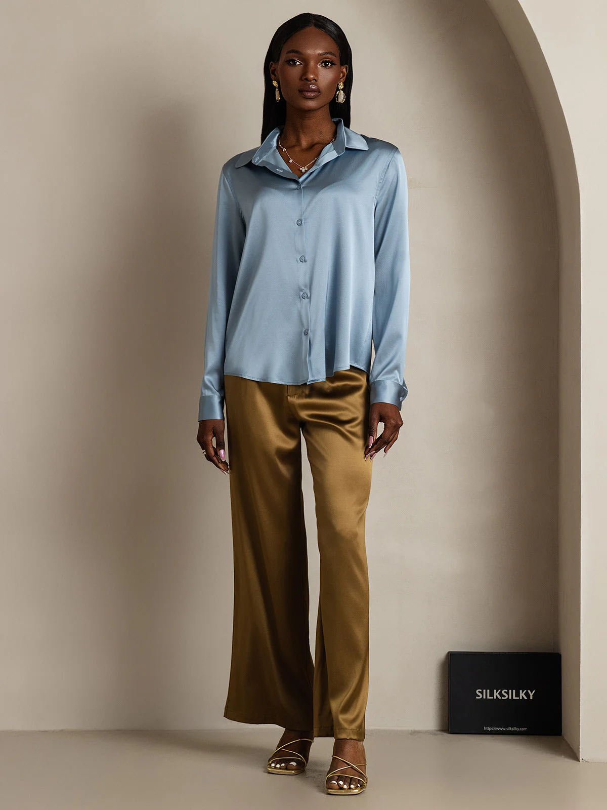 19Momme Silk Long Sleeve Lapel Collar Women's Shirt with Button Up Design - Image 69