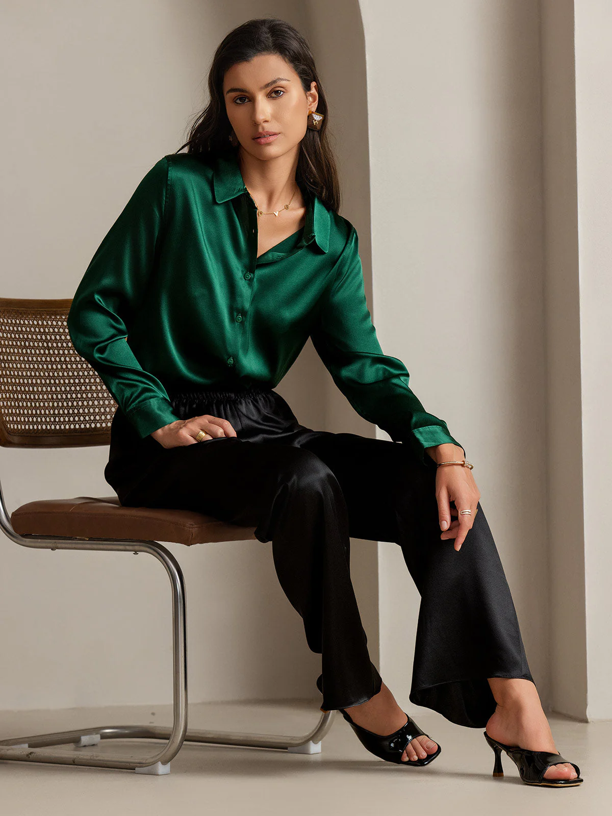 19Momme Silk Long Sleeve Lapel Collar Women's Shirt with Button Up Design - Image 7