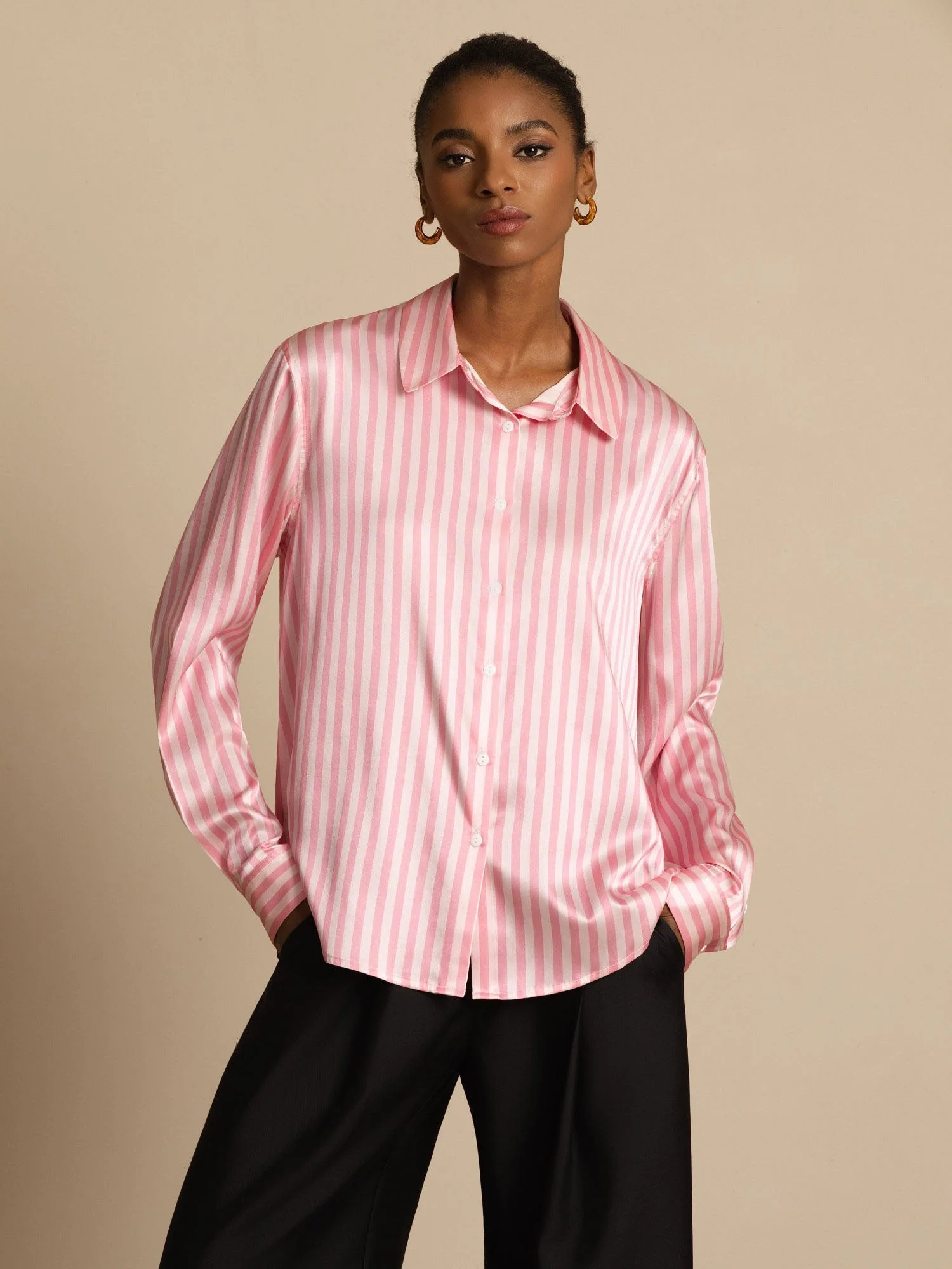 19Momme Silk Long Sleeve Lapel Collar Women's Shirt with Button Up Design - Image 71