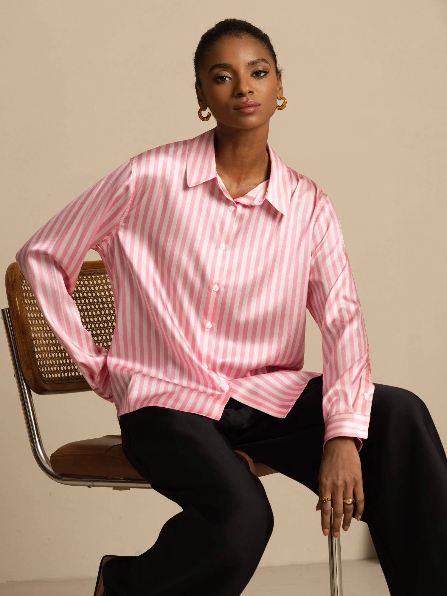 19Momme Silk Long Sleeve Lapel Collar Women's Shirt with Button Up Design - Image 73
