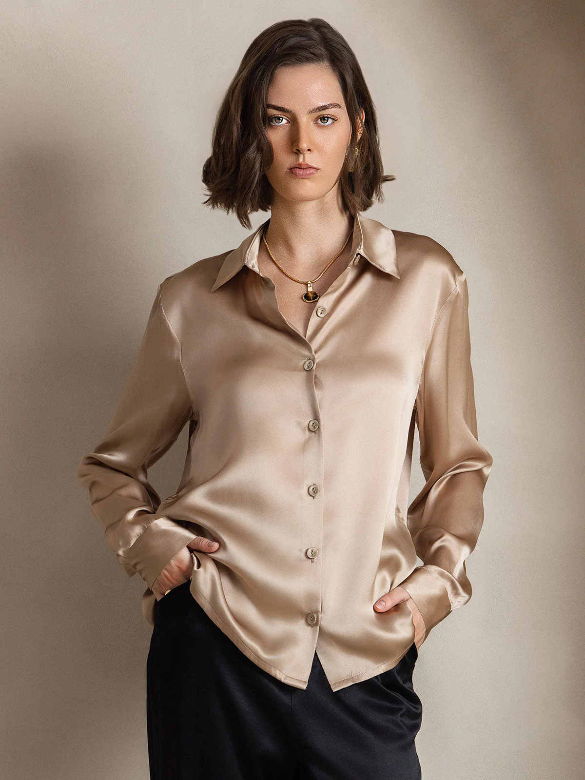 19Momme Silk Long Sleeve Lapel Collar Women's Shirt with Button Up Design - Image 86