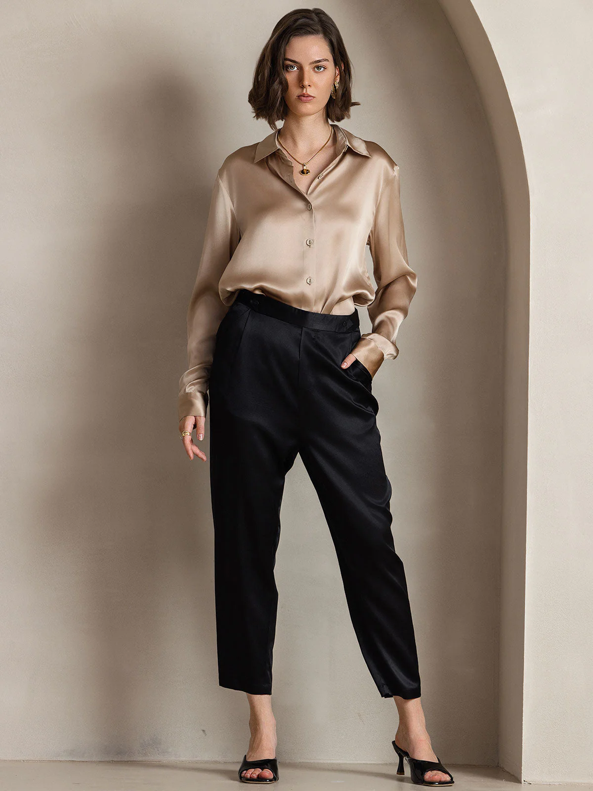 19Momme Silk Long Sleeve Lapel Collar Women's Shirt with Button Up Design - Image 88