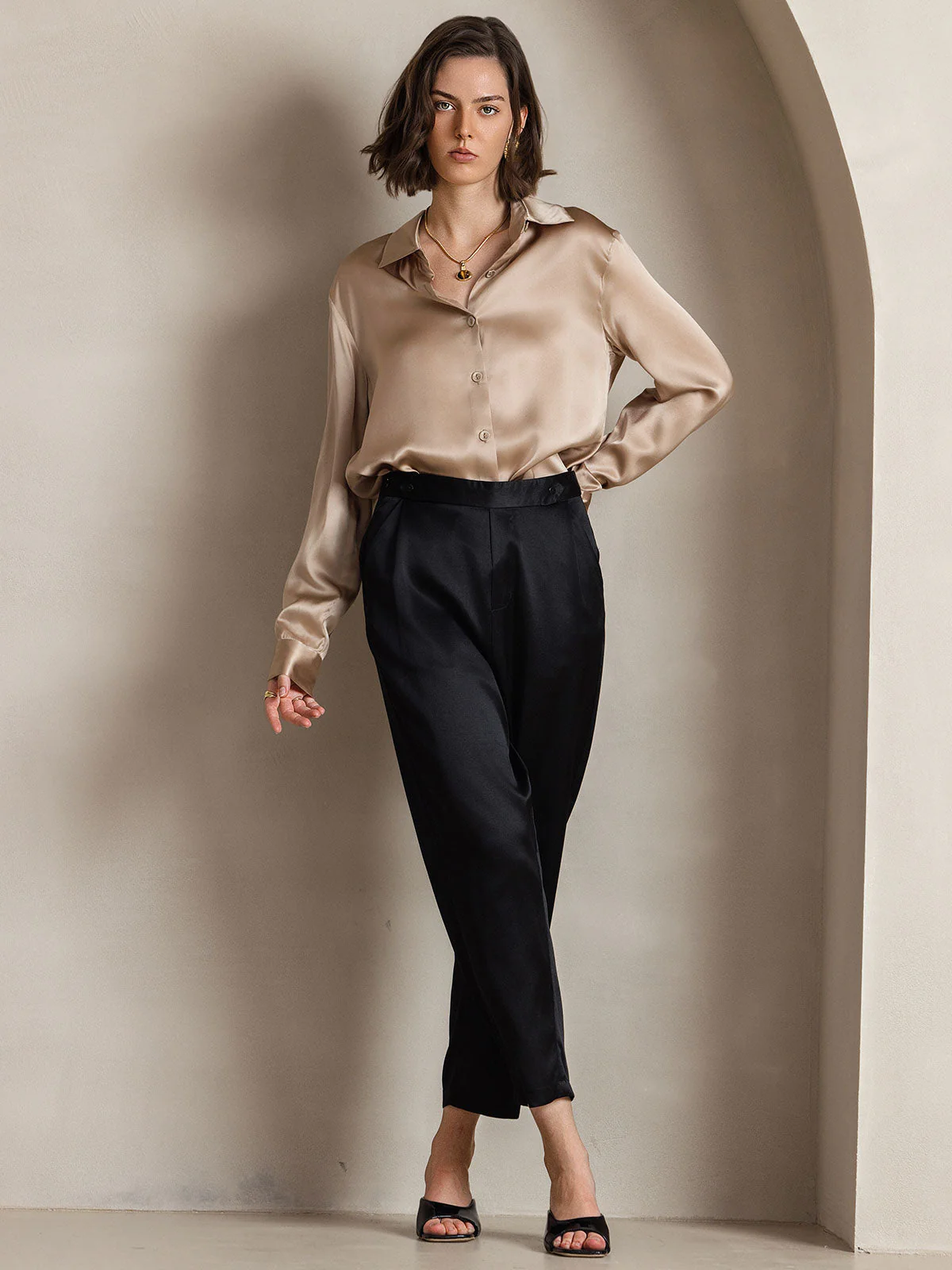 19Momme Silk Long Sleeve Lapel Collar Women's Shirt with Button Up Design - Image 91