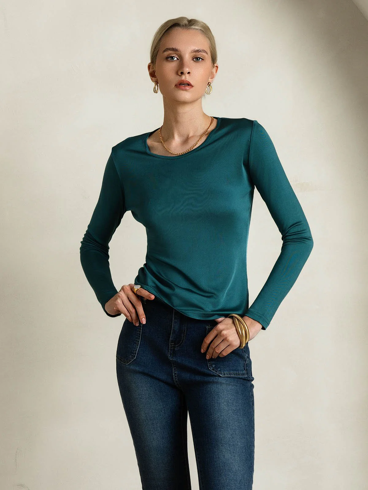 Women's Silk Long Sleeve Round Neck Top - Image 26