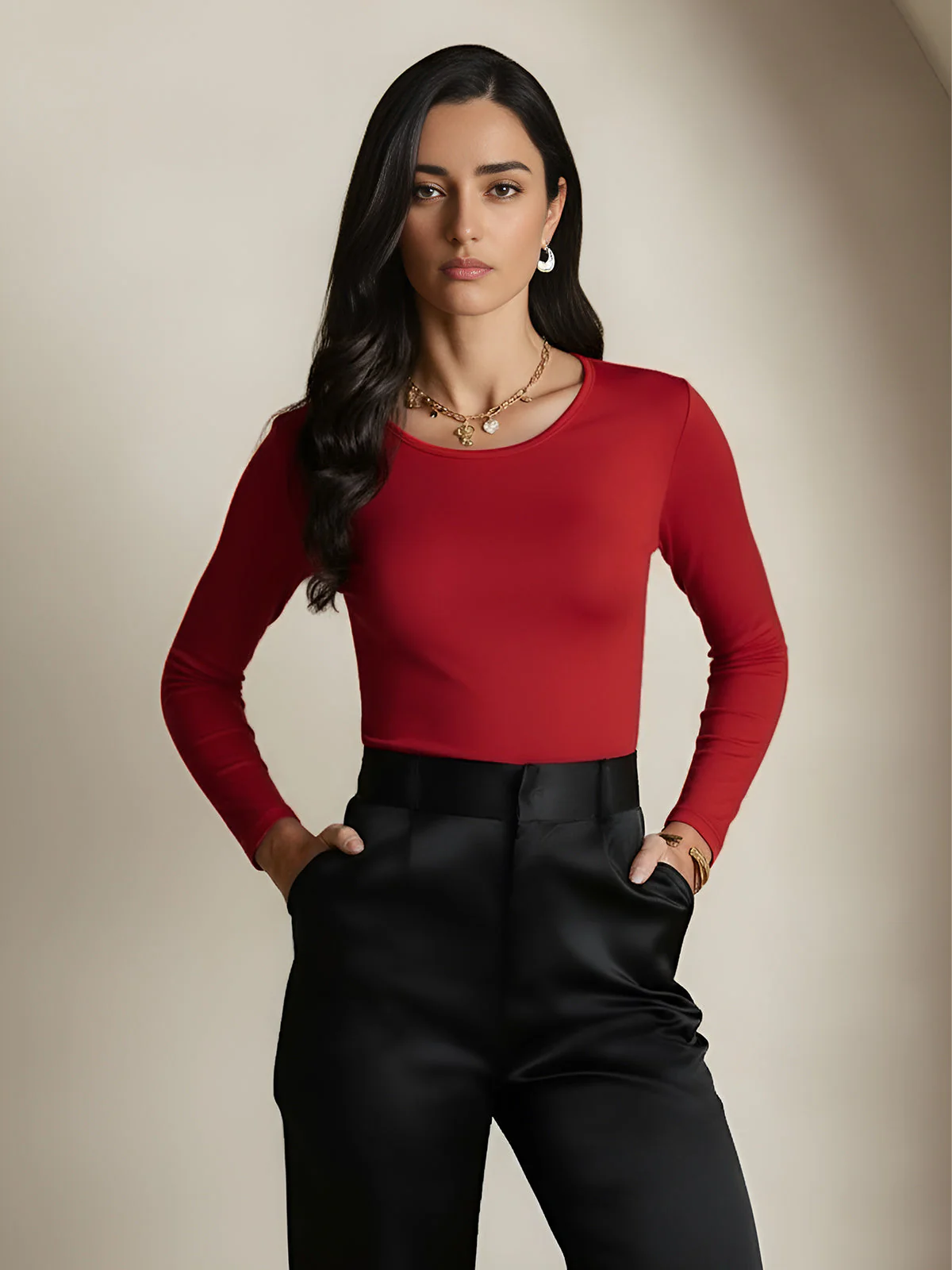 Women's Silk Long Sleeve Round Neck Top - Image 36