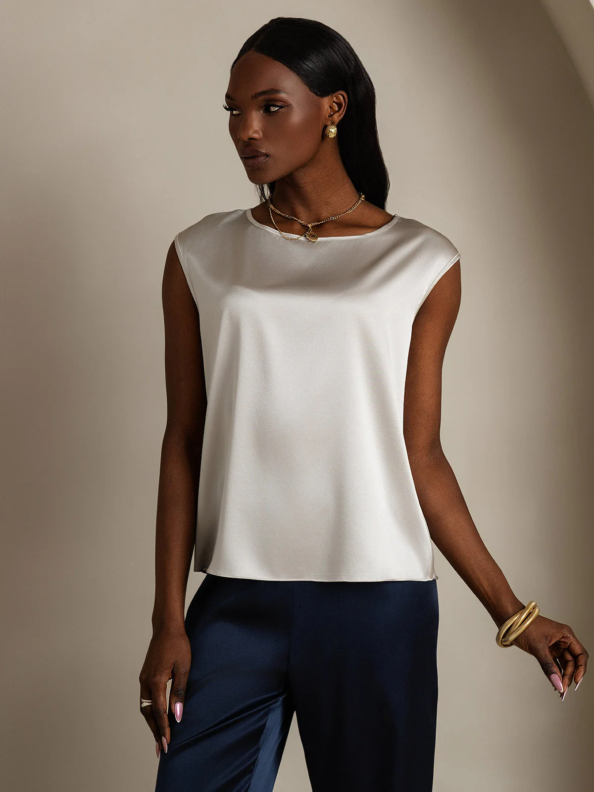 19Momme Women's Silk Cap Sleeve Round Neck Top - Image 19