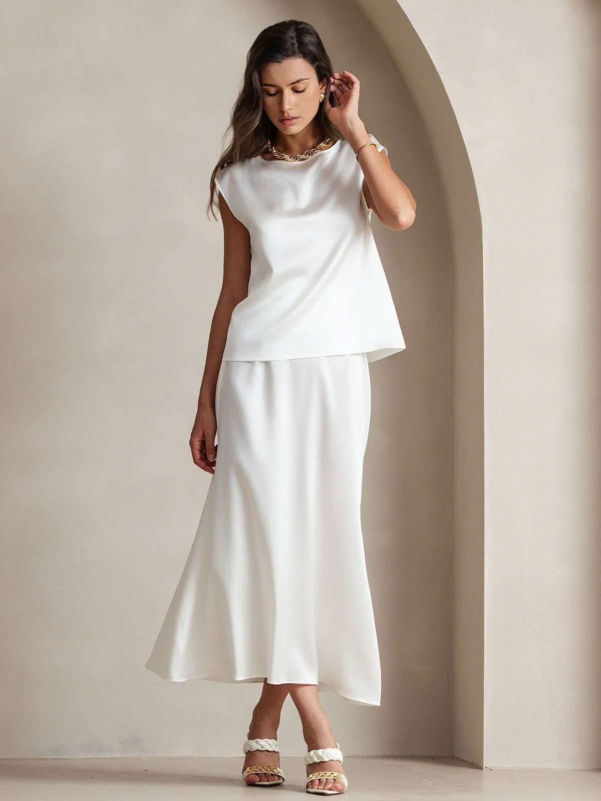 19Momme Women's Silk Cap Sleeve Round Neck Top - Image 44