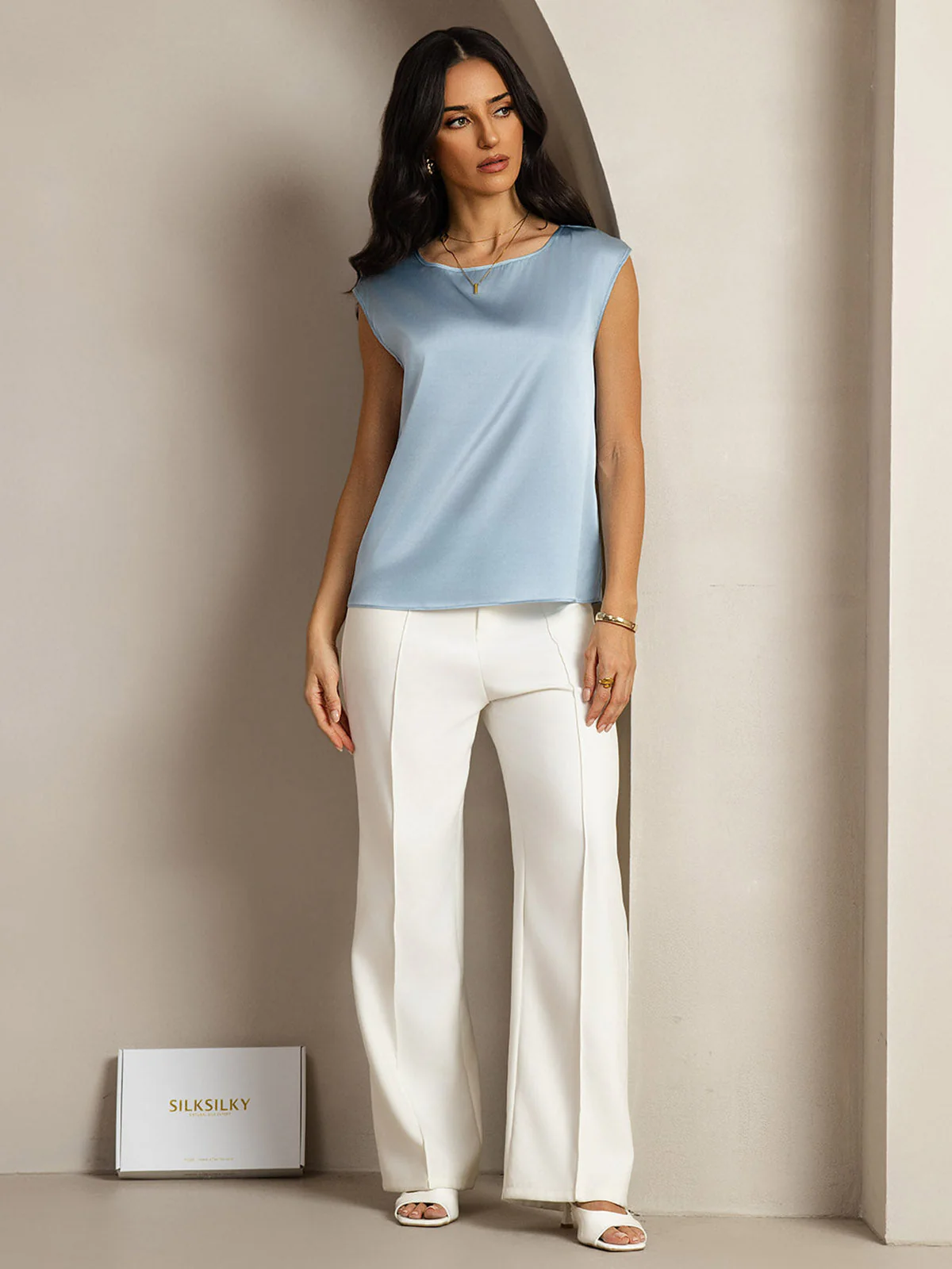 19Momme Women's Silk Cap Sleeve Round Neck Top - Image 49