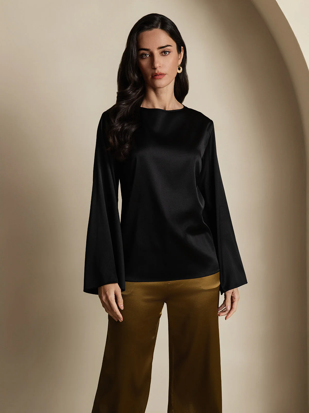 19Momme Silk Bell Sleeve Boat Neck Women's Top - Image 18