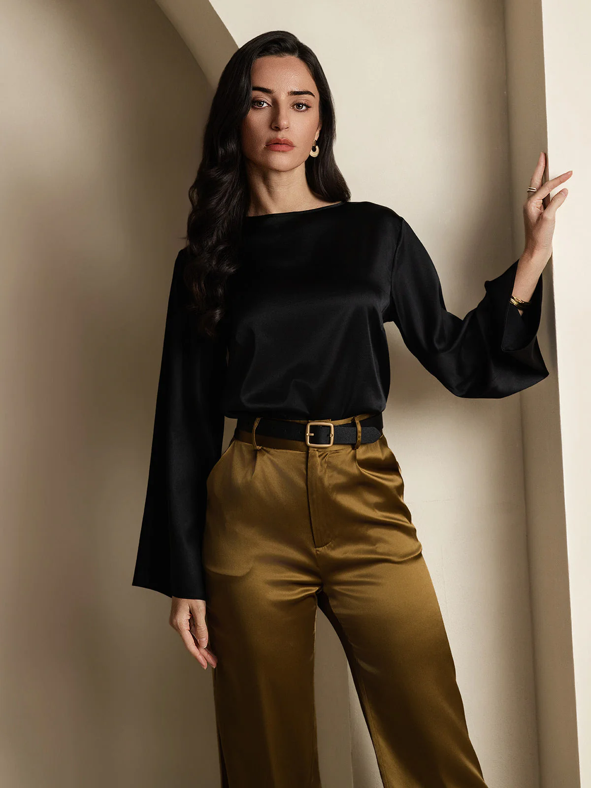 19Momme Silk Bell Sleeve Boat Neck Women's Top - Image 19
