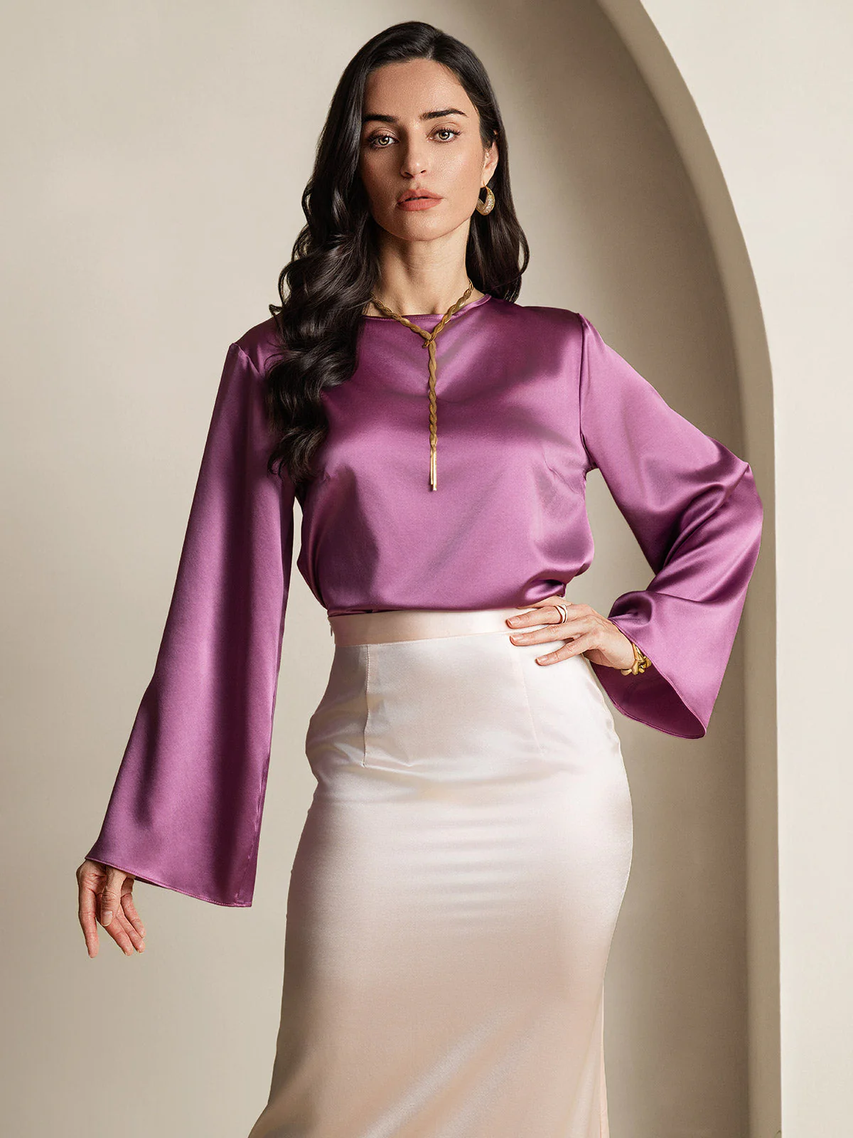 19Momme Silk Bell Sleeve Boat Neck Women's Top - Image 24