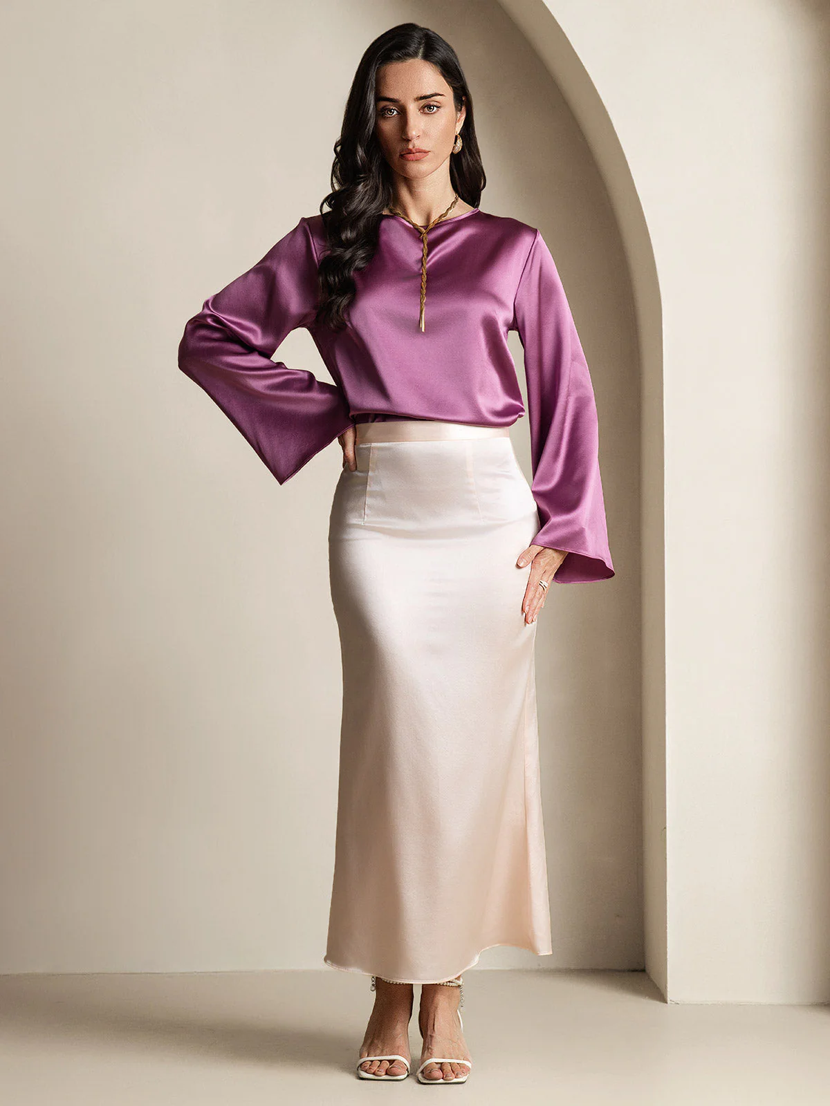 19Momme Silk Bell Sleeve Boat Neck Women's Top - Image 31