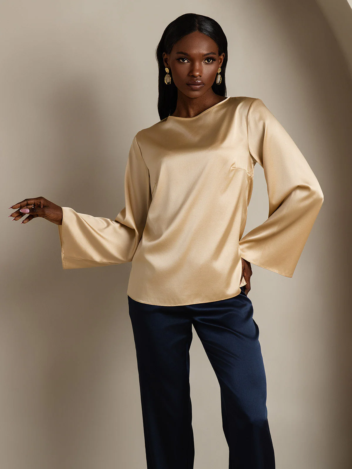 19Momme Silk Bell Sleeve Boat Neck Women's Top - Image 40