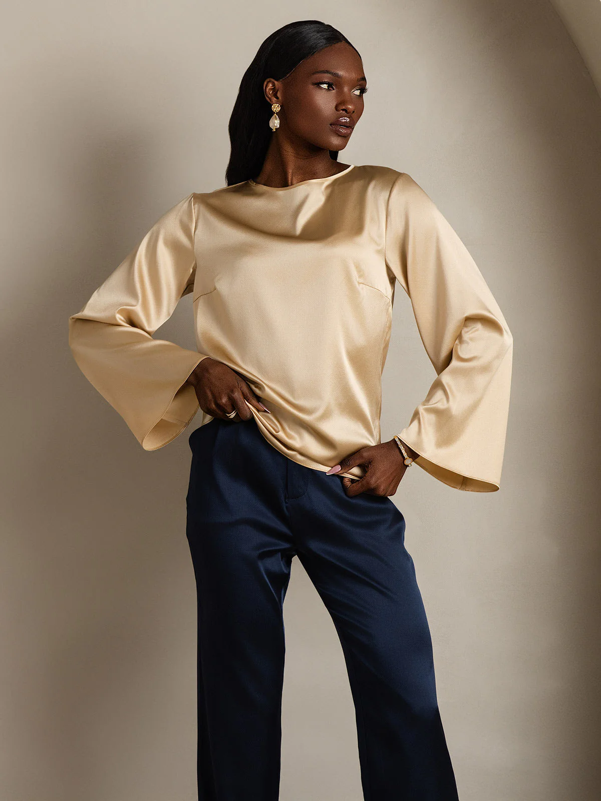 19Momme Silk Bell Sleeve Boat Neck Women's Top - Image 42