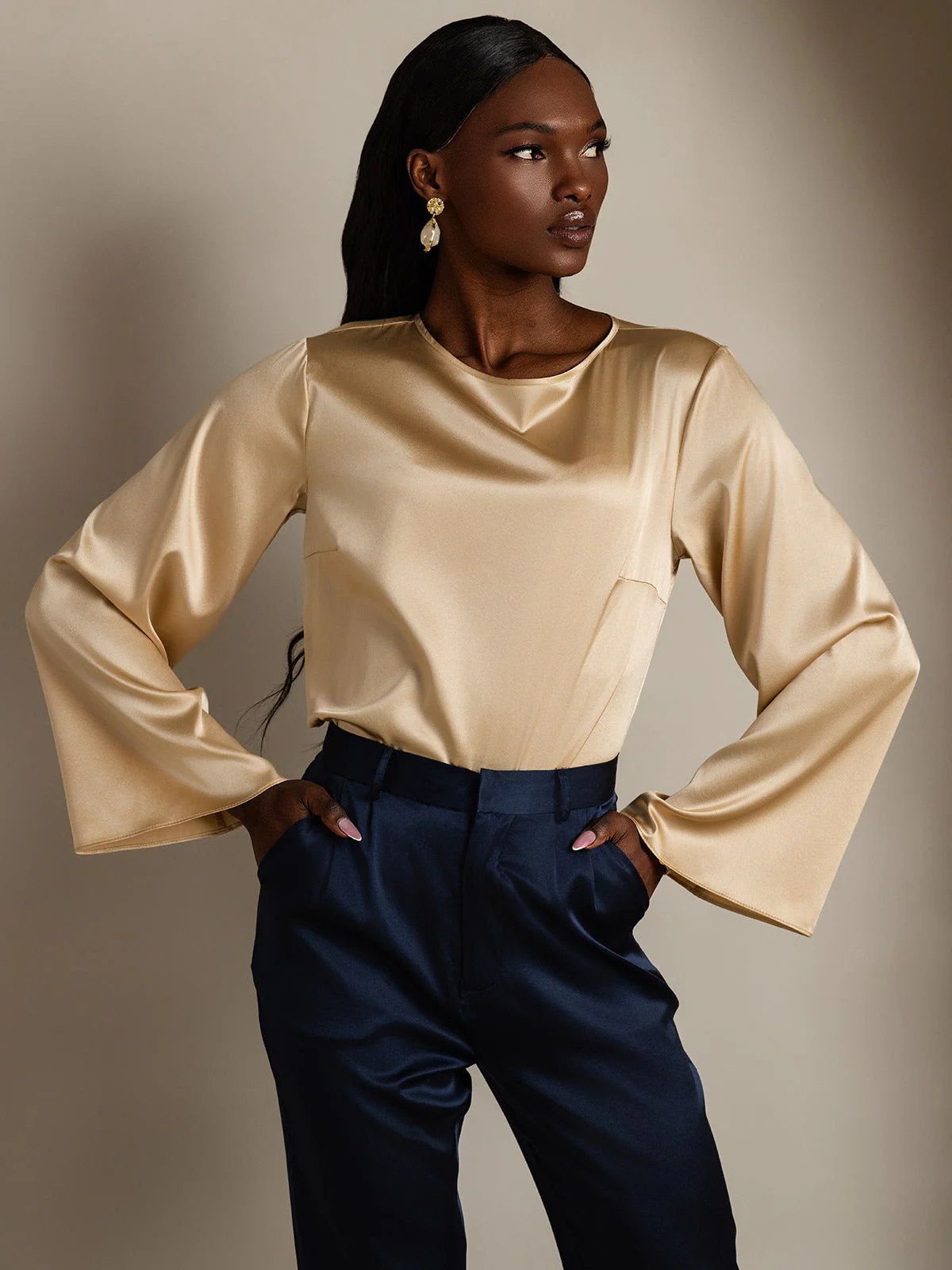19Momme Silk Bell Sleeve Boat Neck Women's Top - Image 43