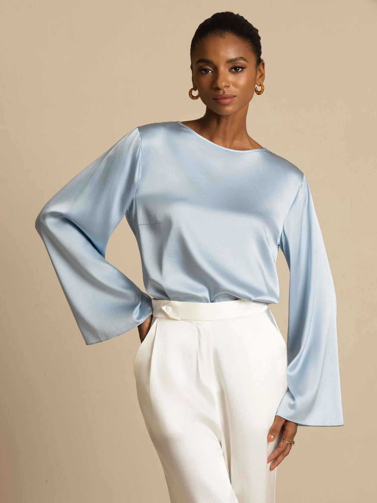 19Momme Silk Bell Sleeve Boat Neck Women's Top - Image 47