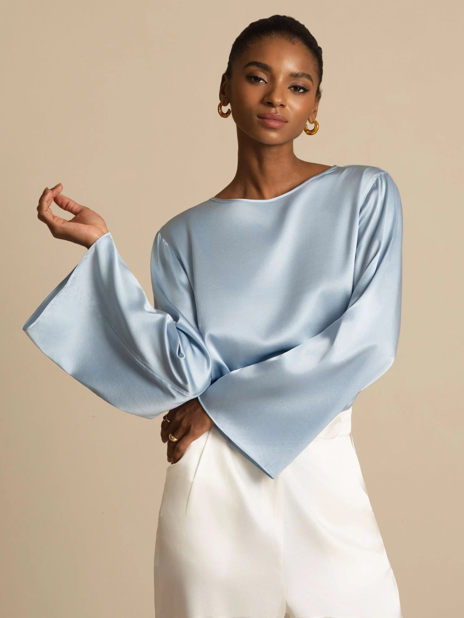 19Momme Silk Bell Sleeve Boat Neck Women's Top - Image 48
