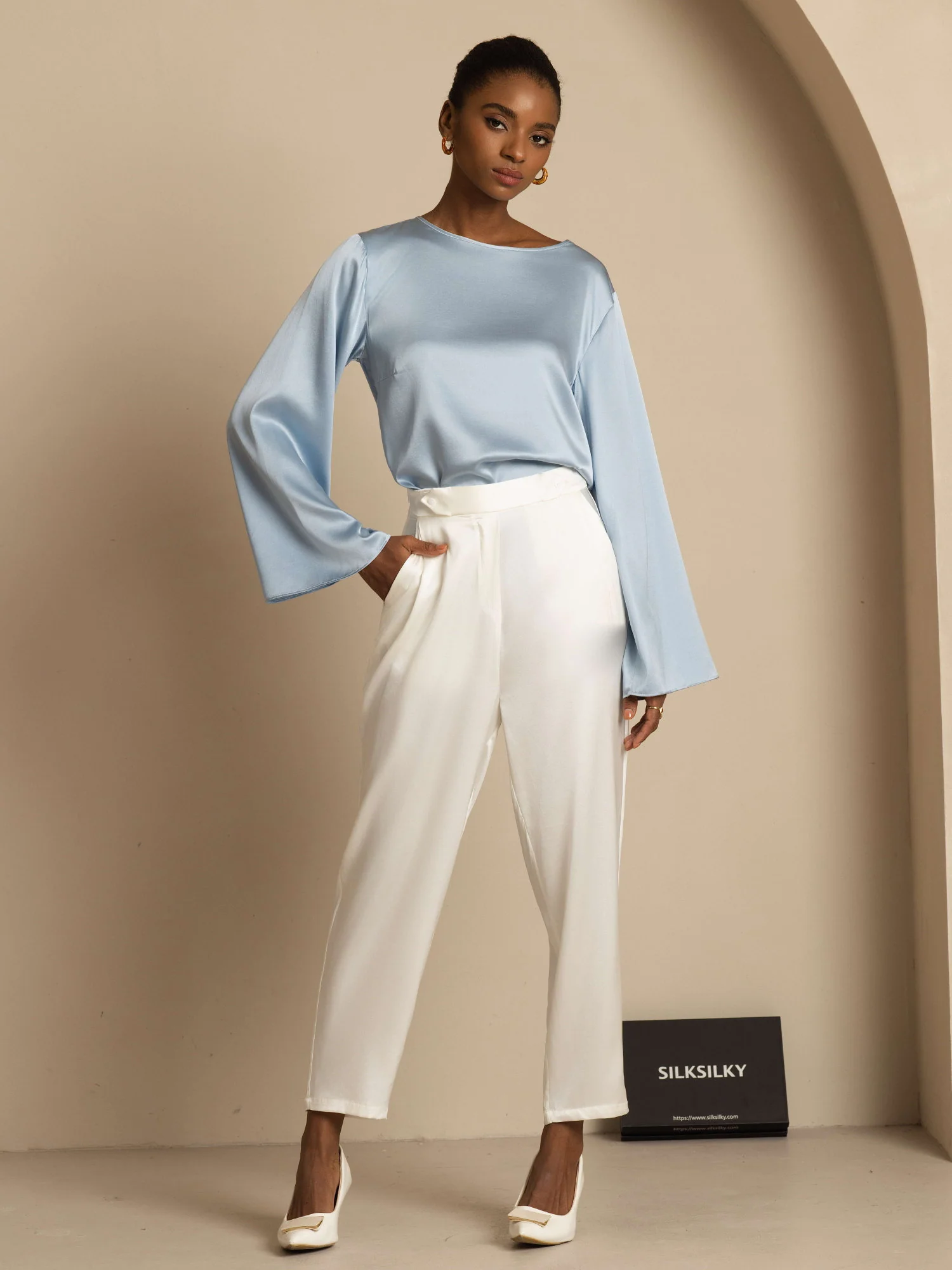 19Momme Silk Bell Sleeve Boat Neck Women's Top - Image 51