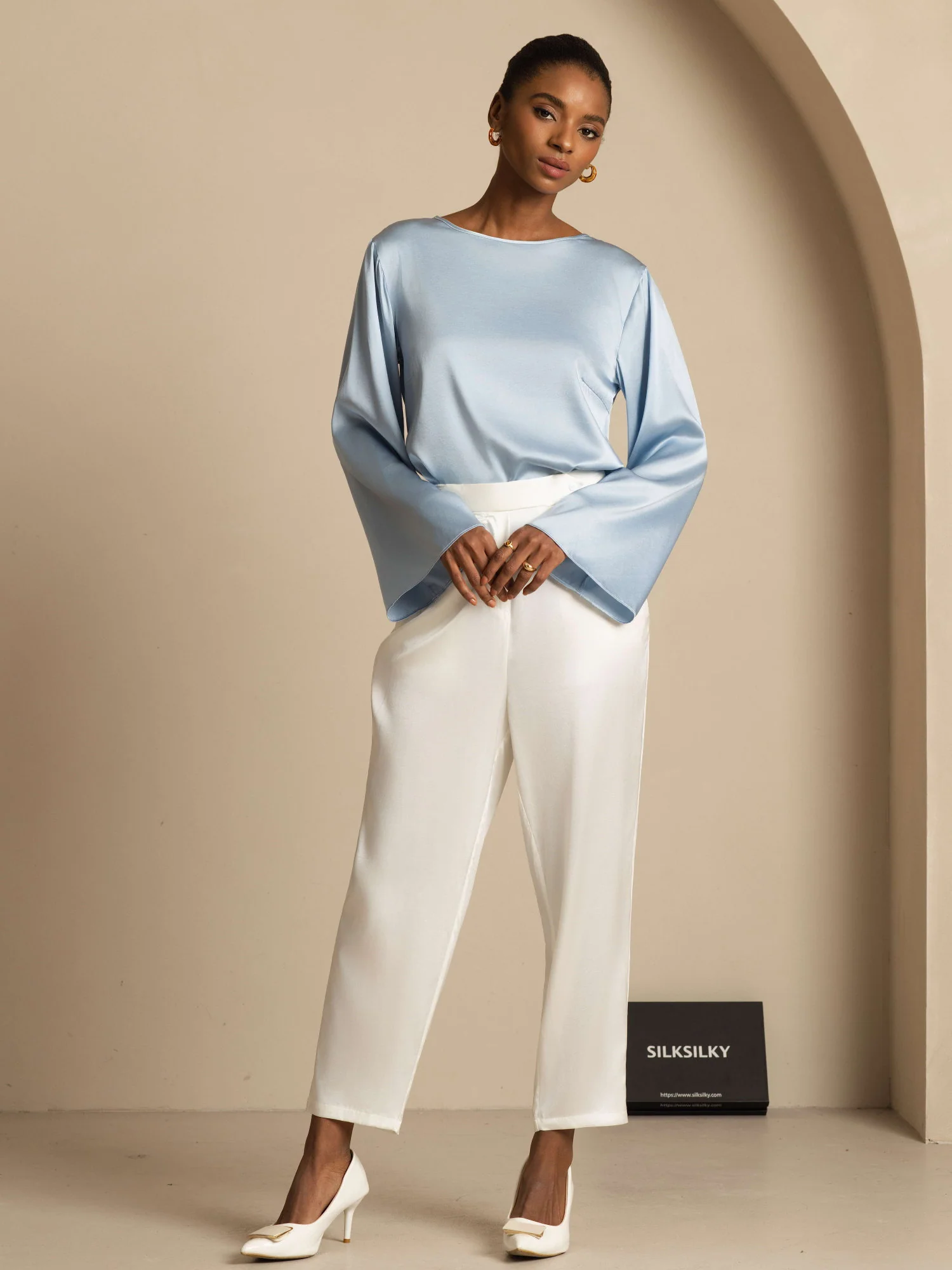 19Momme Silk Bell Sleeve Boat Neck Women's Top - Image 52