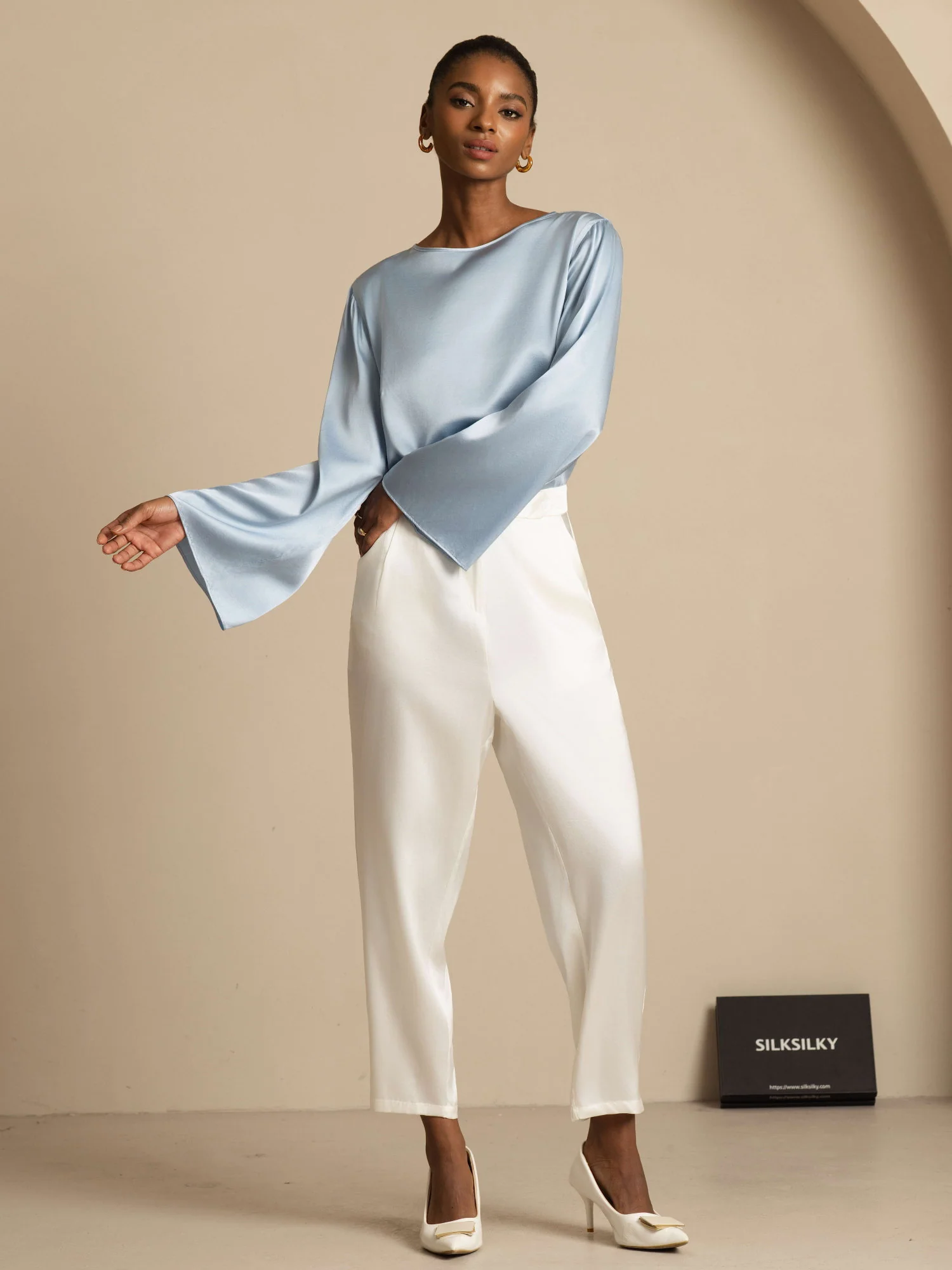 19Momme Silk Bell Sleeve Boat Neck Women's Top - Image 53
