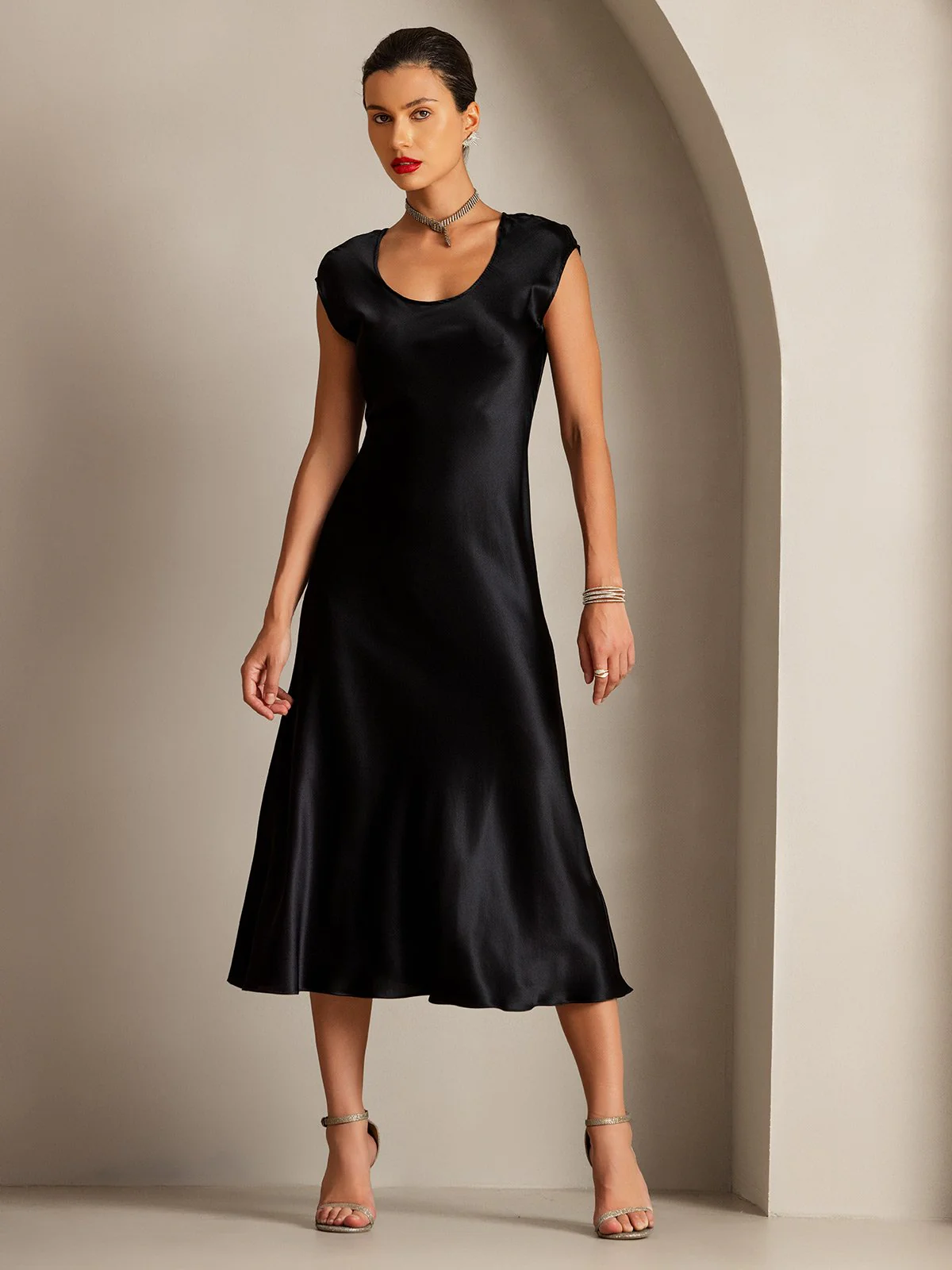 19Momme Silk Cap Sleeve Round Neck Midi Dress - Image 13