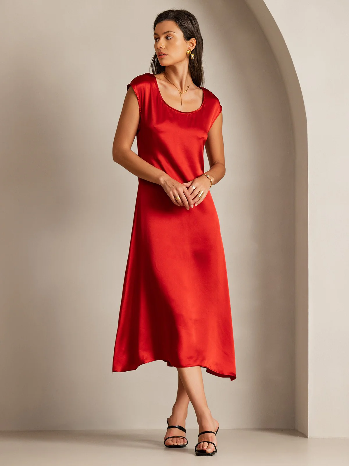 19Momme Silk Cap Sleeve Round Neck Midi Dress - Image 15