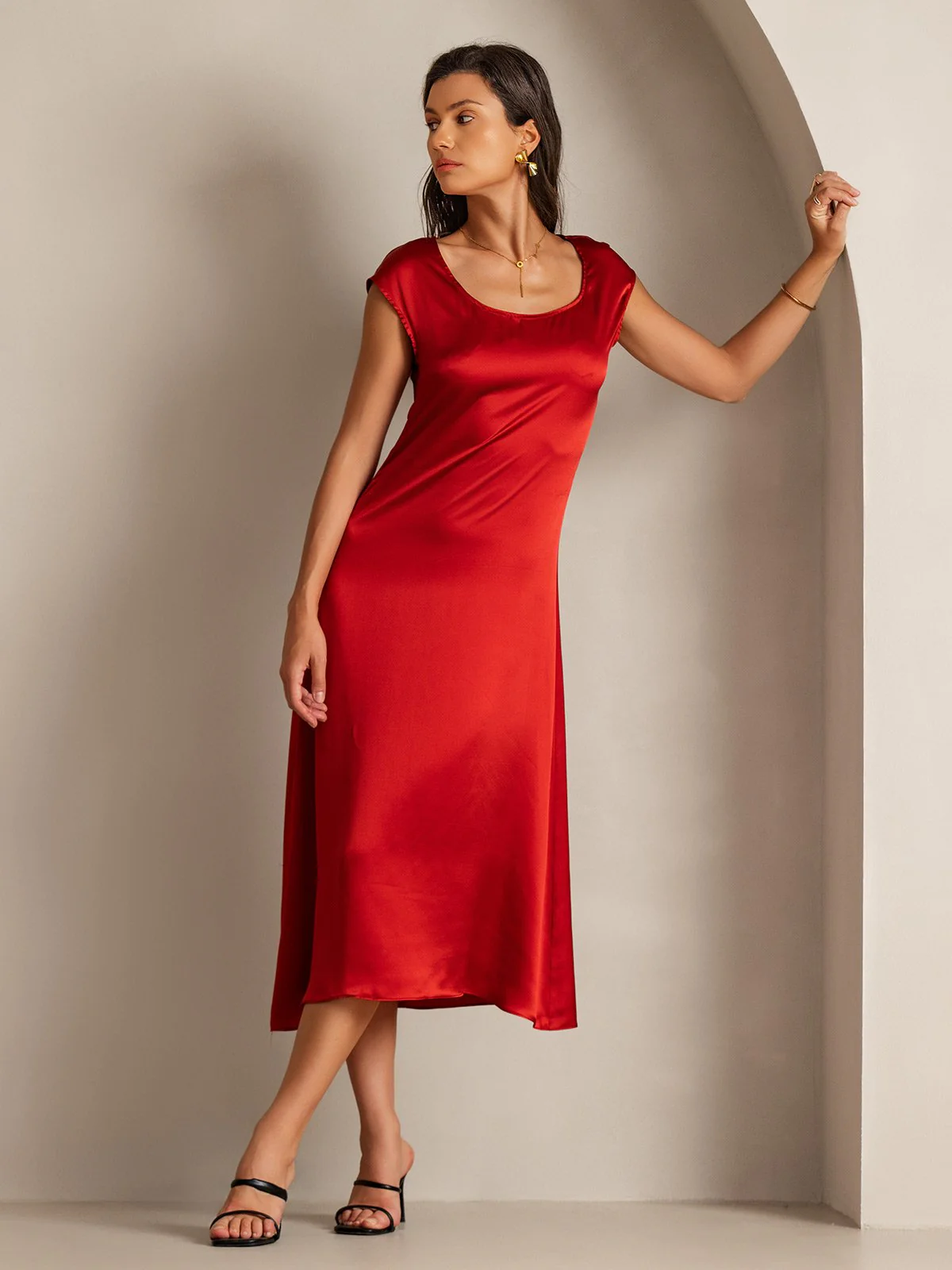 19Momme Silk Cap Sleeve Round Neck Midi Dress - Image 18