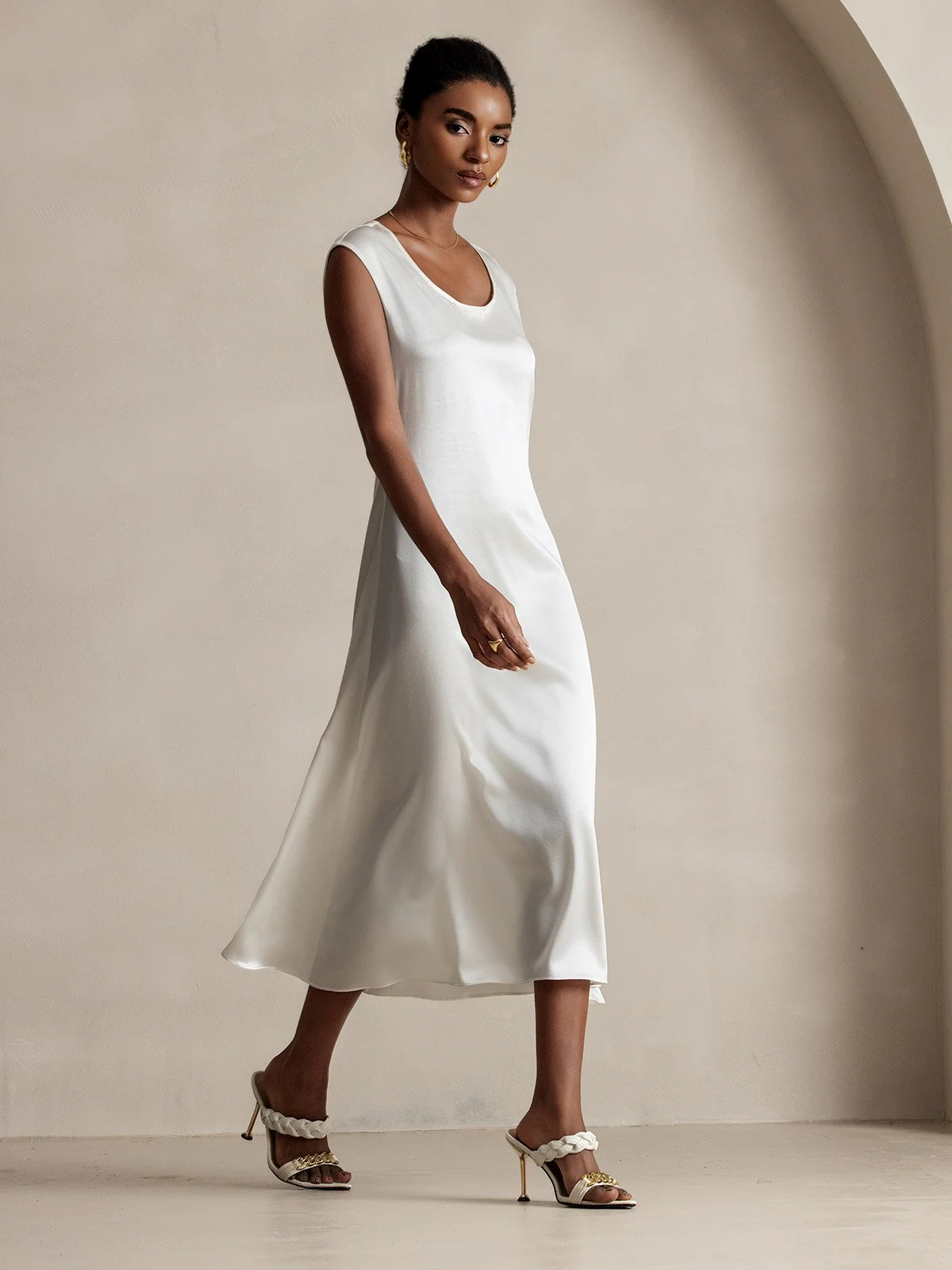 19Momme Silk Cap Sleeve Round Neck Midi Dress - Image 23