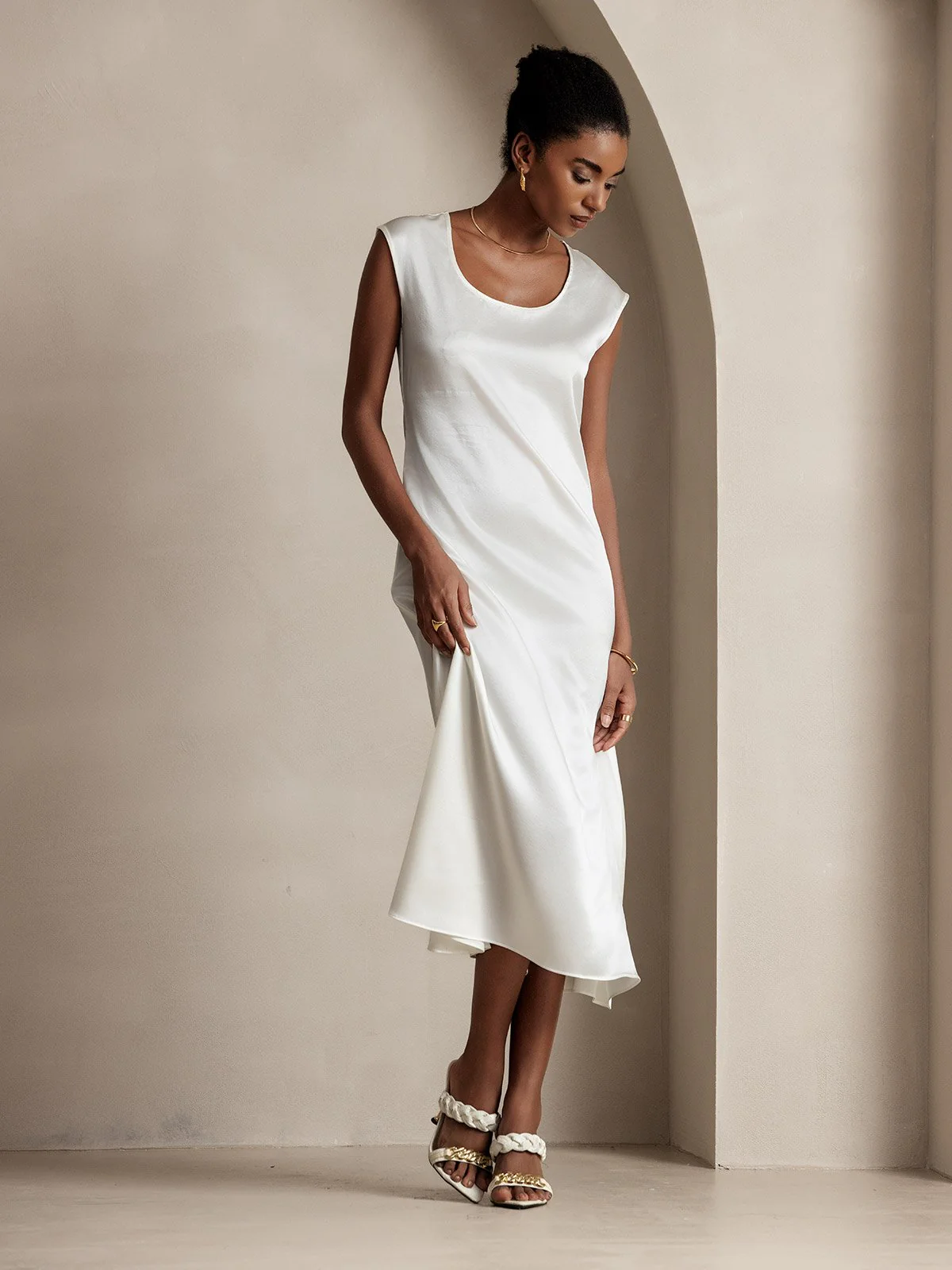 19Momme Silk Cap Sleeve Round Neck Midi Dress - Image 25
