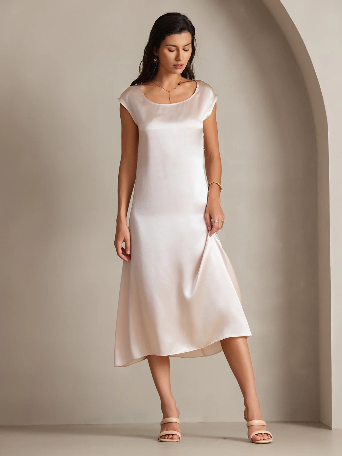 19Momme Silk Cap Sleeve Round Neck Midi Dress - Image 34