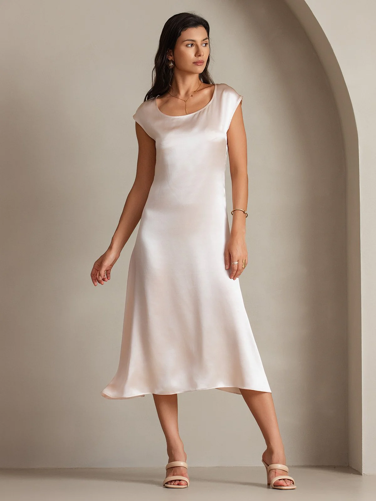 19Momme Silk Cap Sleeve Round Neck Midi Dress - Image 35