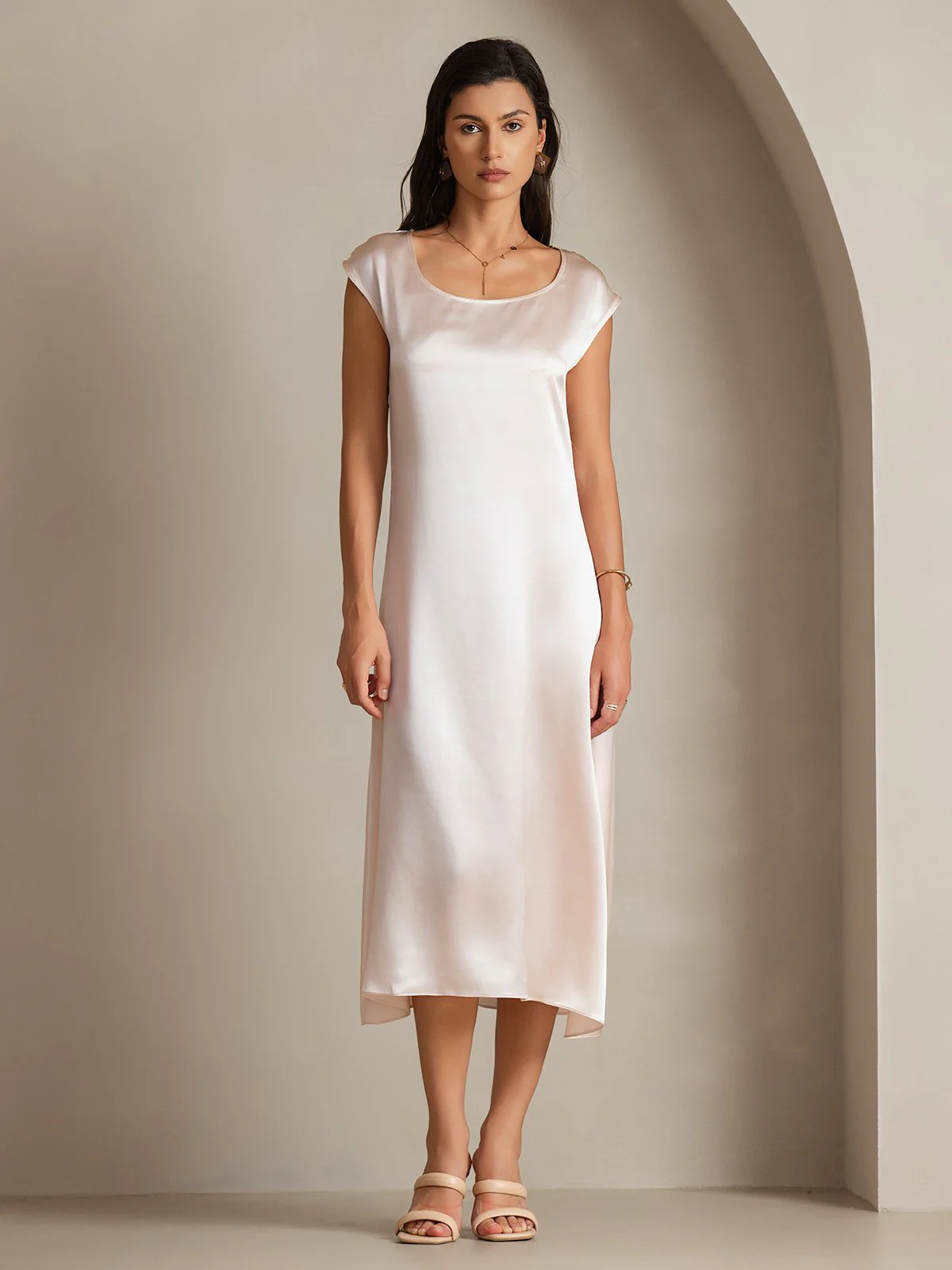 19Momme Silk Cap Sleeve Round Neck Midi Dress - Image 36