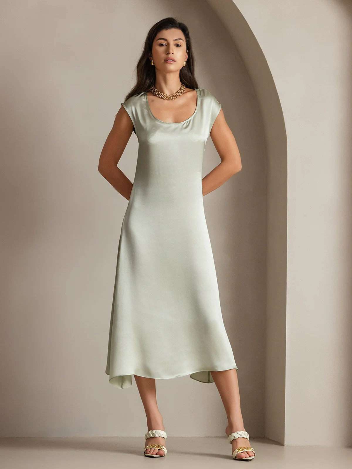 19Momme Silk Cap Sleeve Round Neck Midi Dress - Image 37